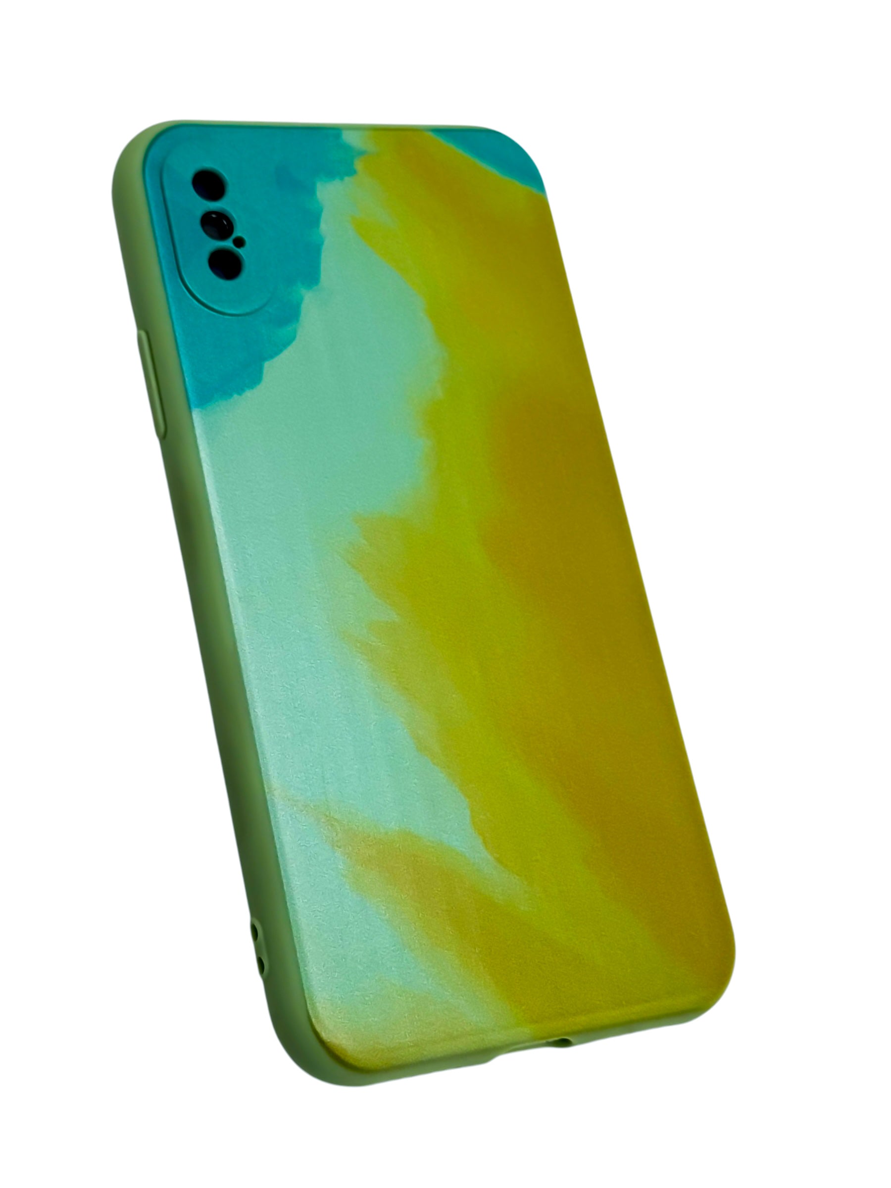 Funda para iPhone X / XS diseño acuarela con proteccion de camaras color verde con amarillo