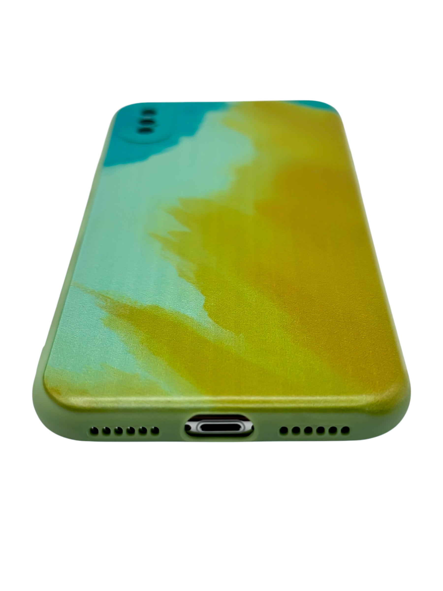 Funda para iPhone X / XS diseño acuarela con proteccion de camaras color verde con amarillo