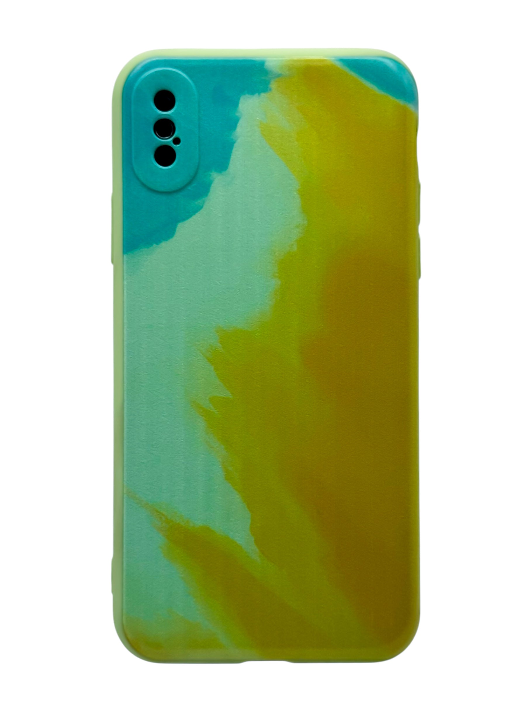Funda para iPhone X / XS diseño acuarela con proteccion de camaras color verde con amarillo