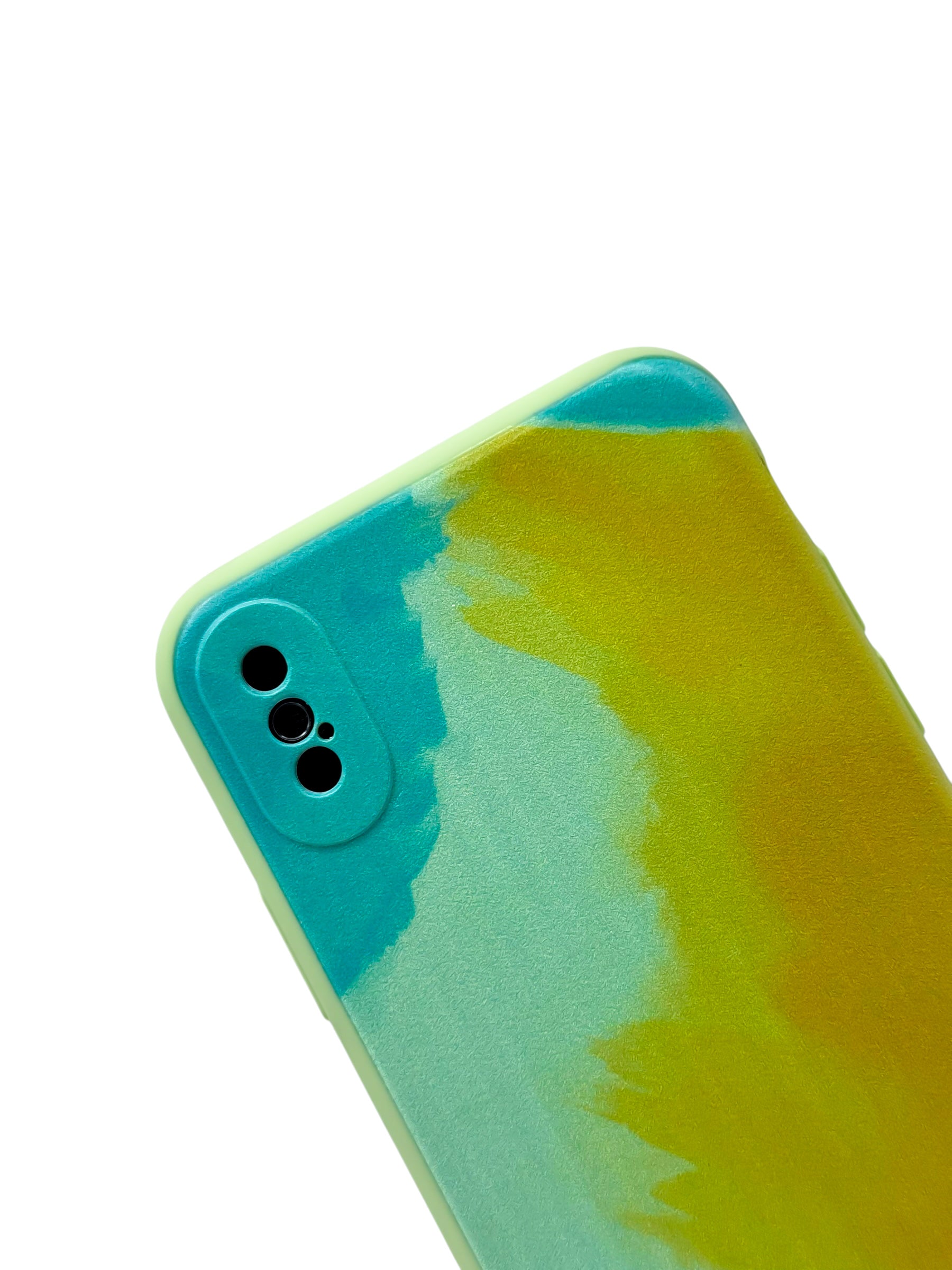 Funda para iPhone X / XS diseño acuarela con proteccion de camaras color verde con amarillo