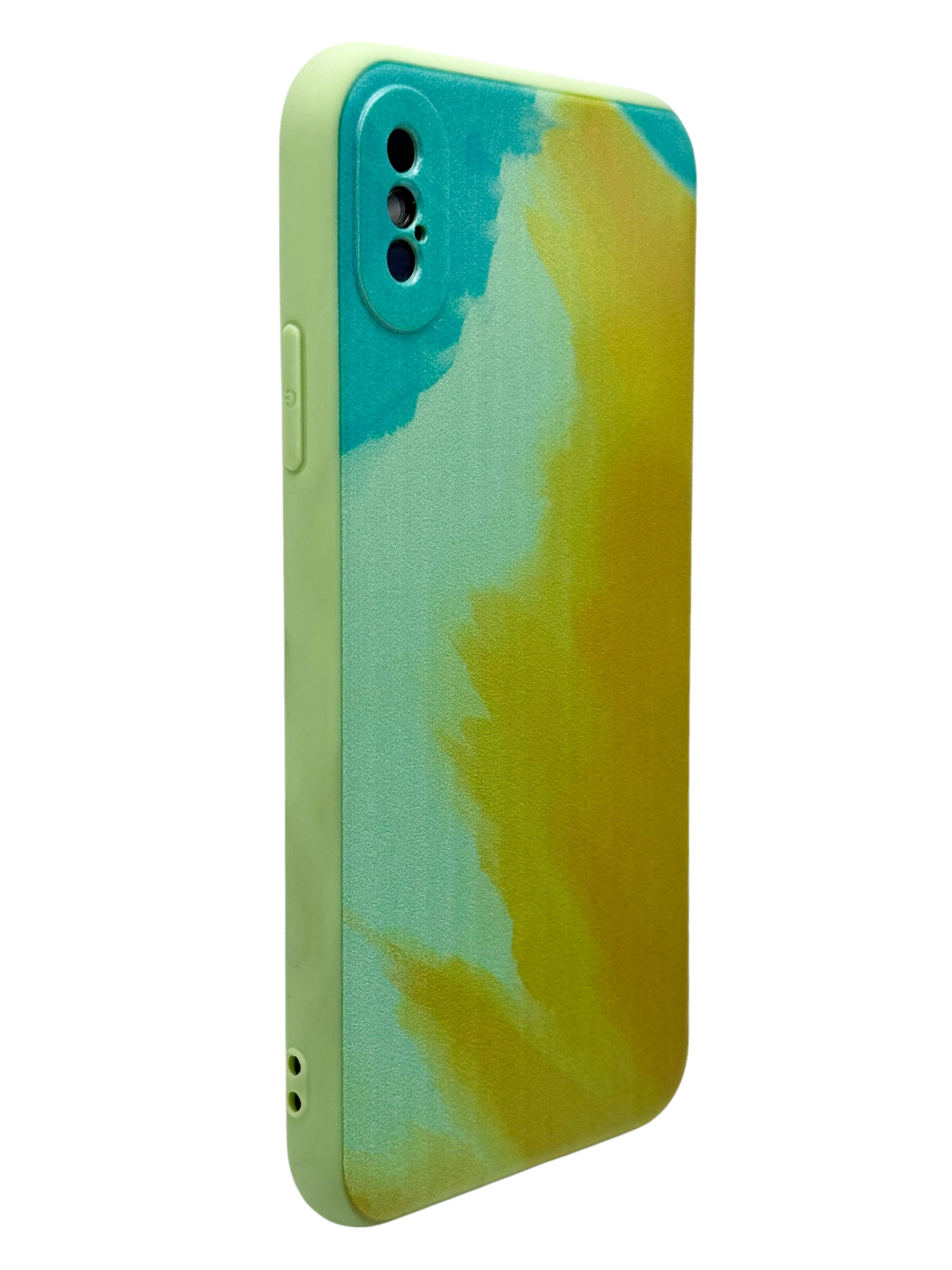 Funda para iPhone X / XS diseño acuarela con proteccion de camaras color verde con amarillo