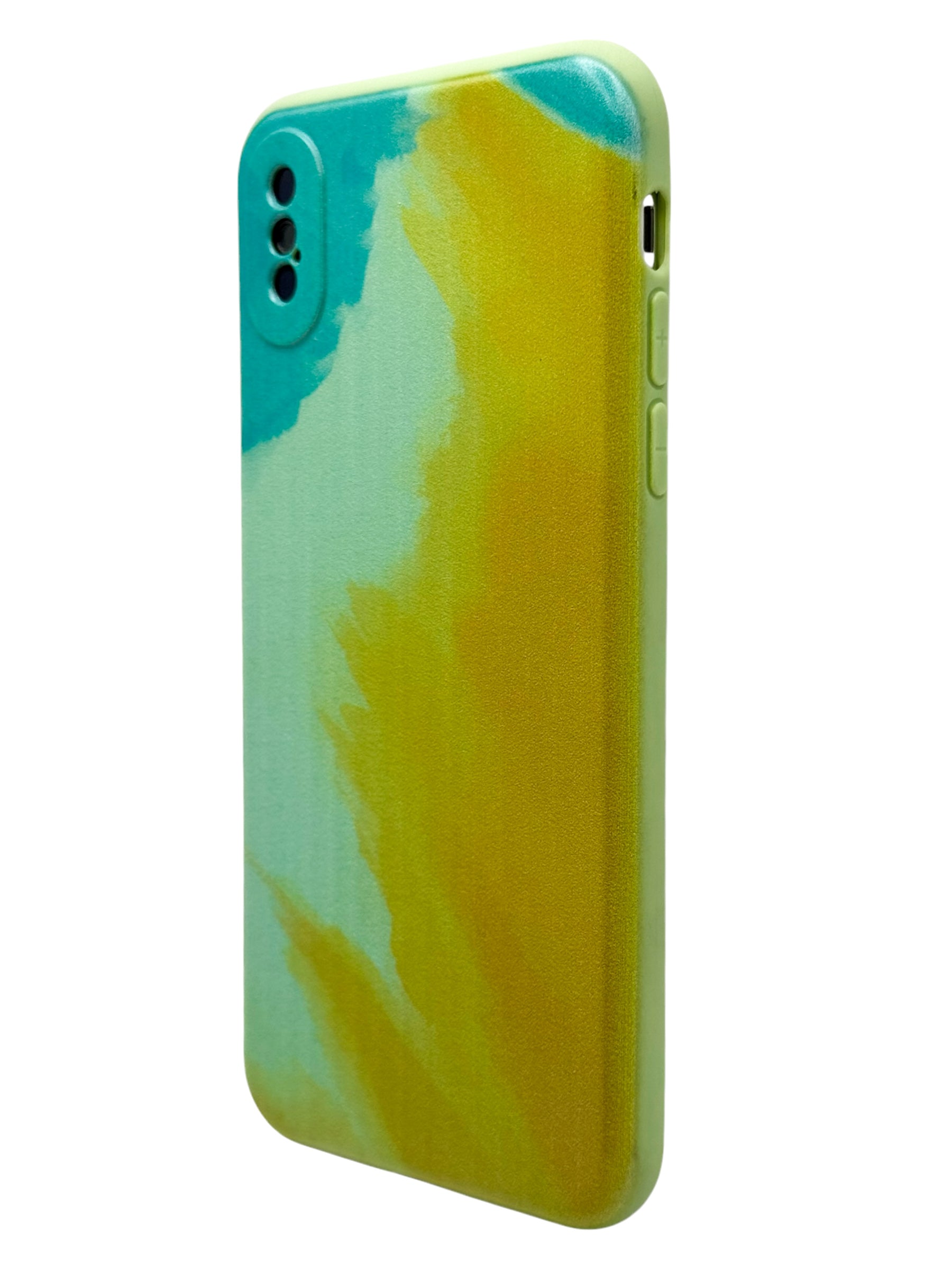 Funda para iPhone X / XS diseño acuarela con proteccion de camaras color verde con amarillo