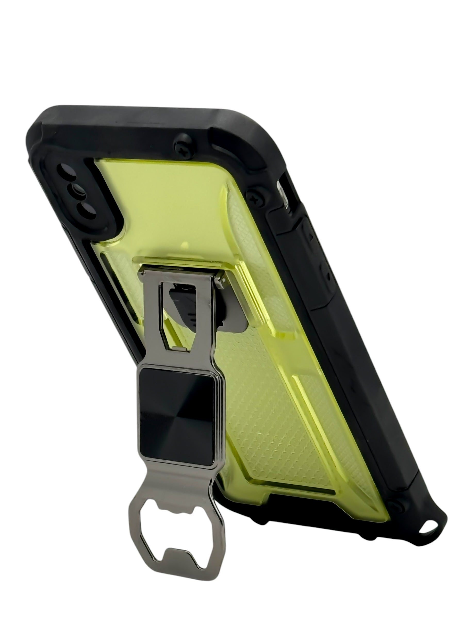 Funda para iPhone X / XS de uso rudo con destapador metálico color amarillo