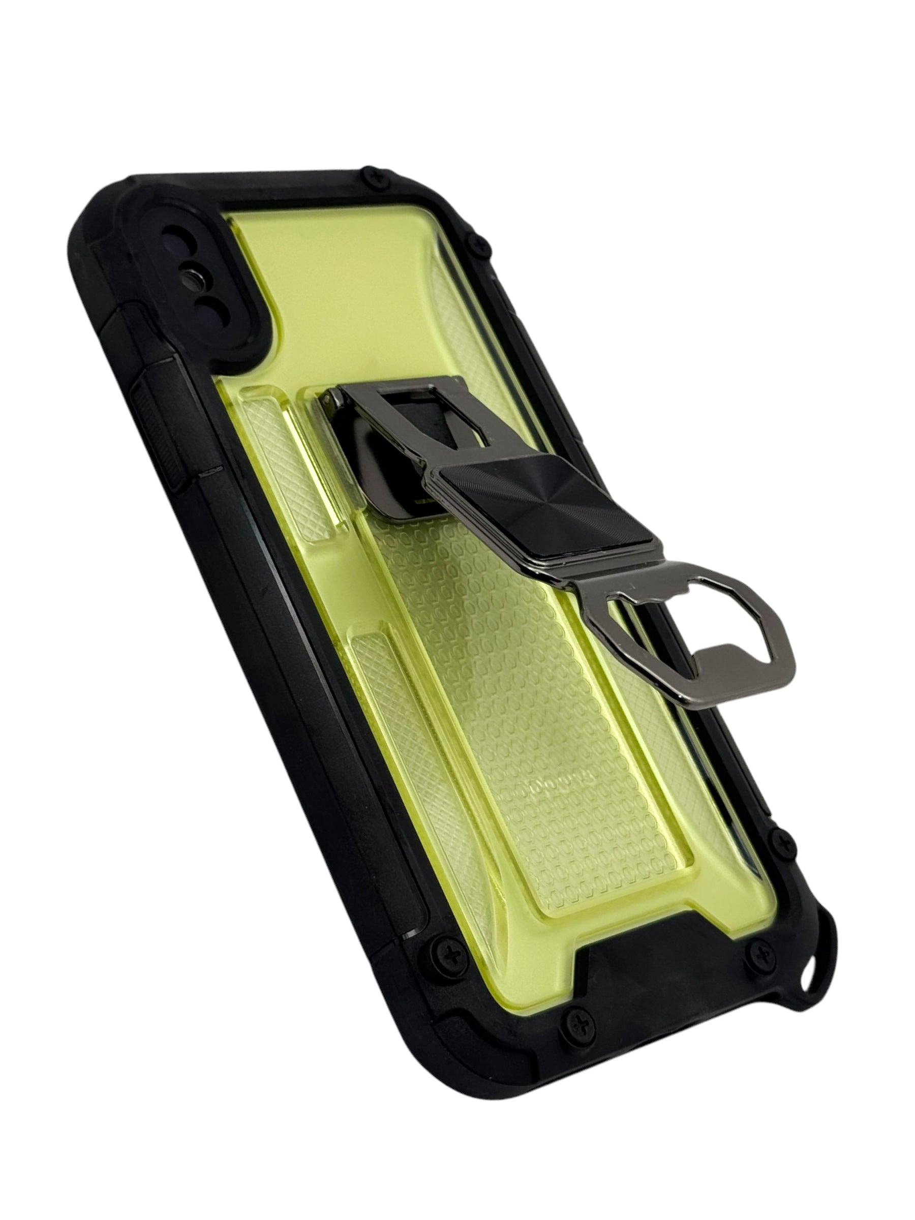 Funda para iPhone X / XS de uso rudo con destapador metálico color amarillo