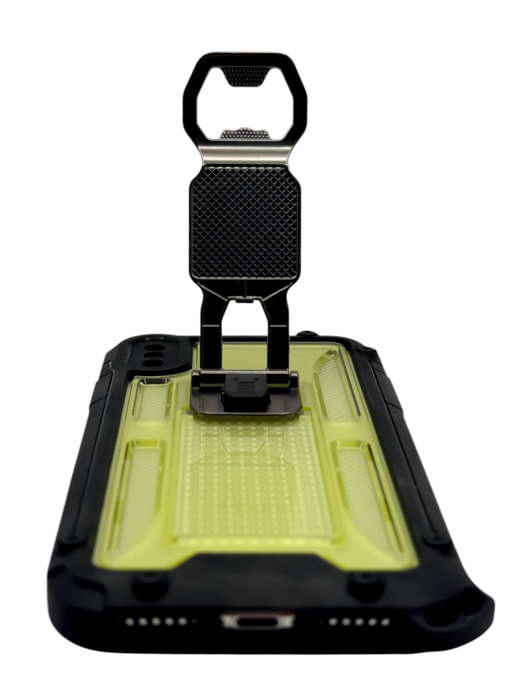 Funda para iPhone X / XS de uso rudo con destapador metálico color amarillo