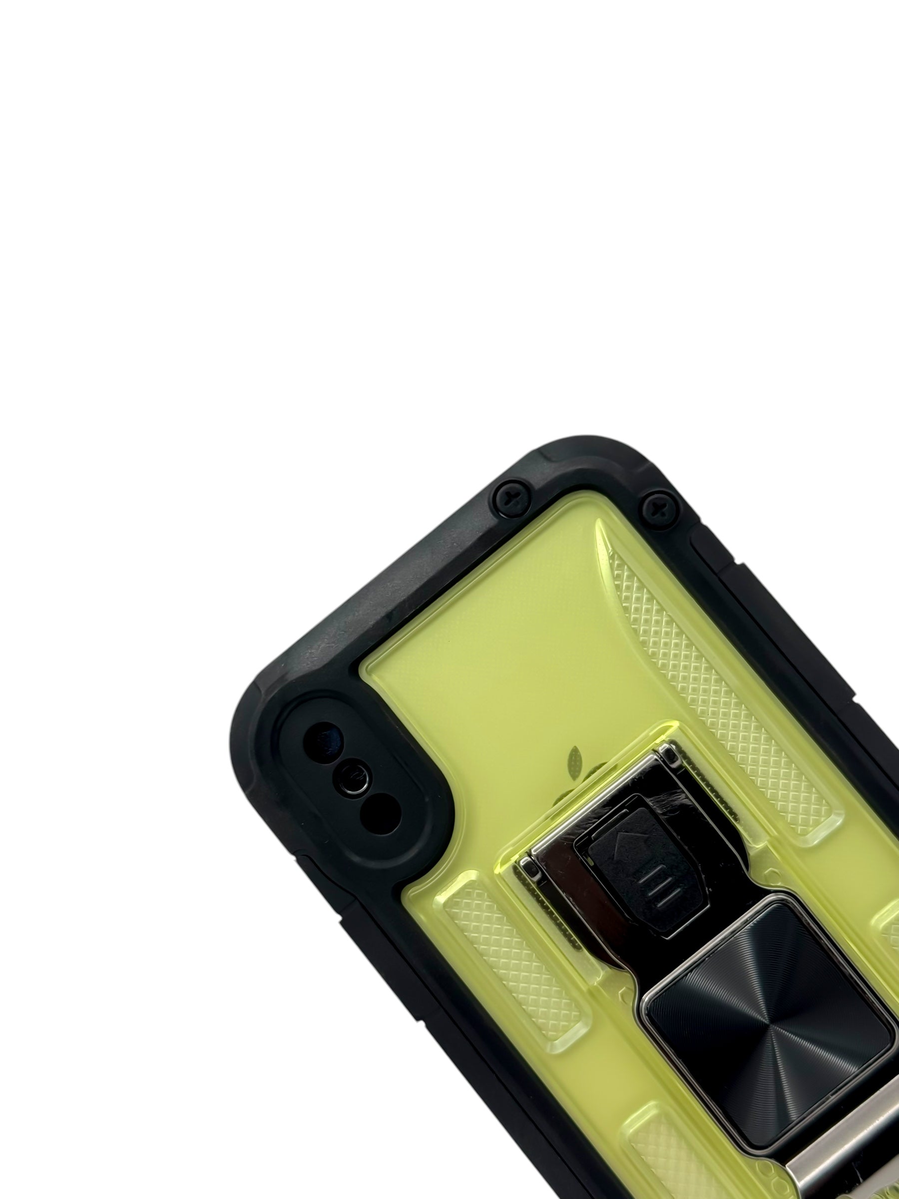 Funda para iPhone X / XS de uso rudo con destapador metálico color amarillo