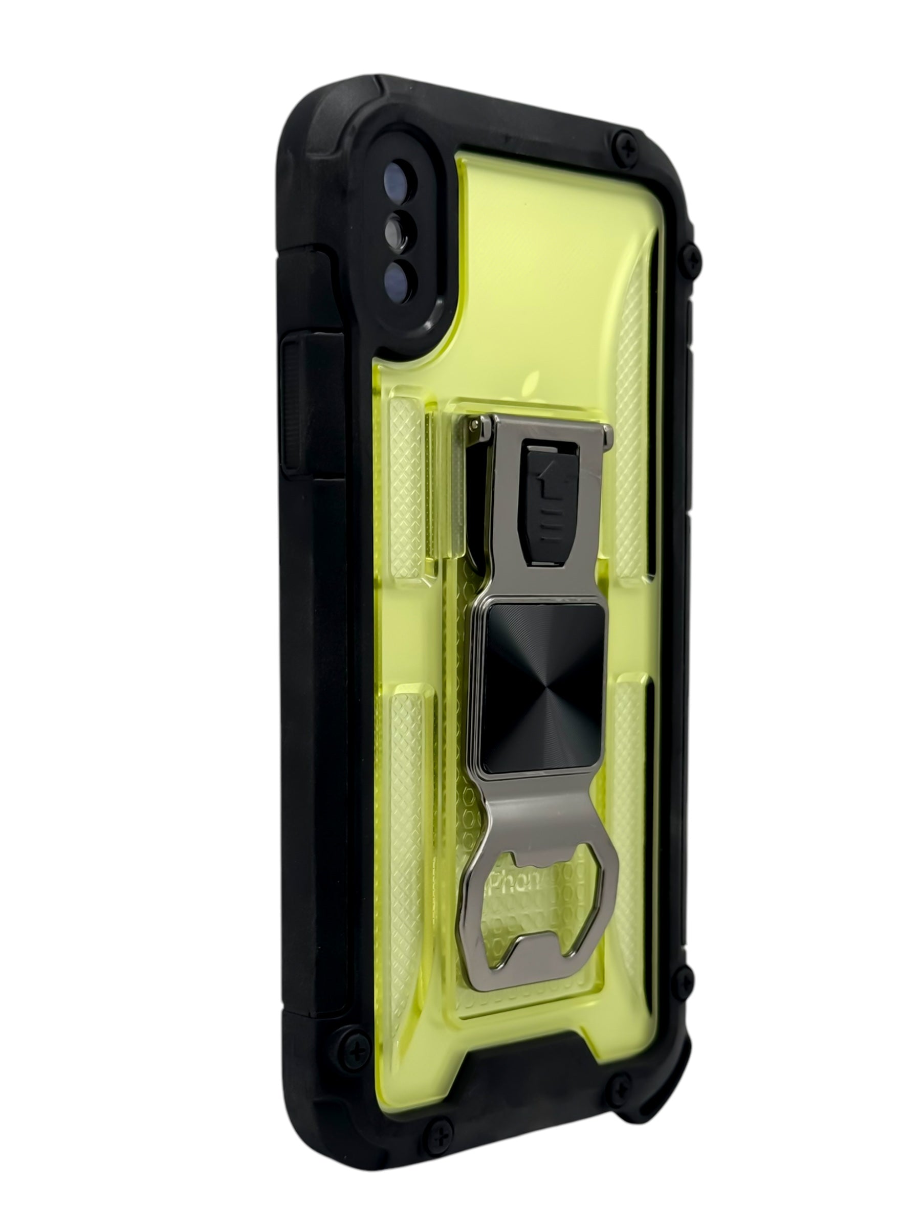 Funda para iPhone X / XS de uso rudo con destapador metálico color amarillo