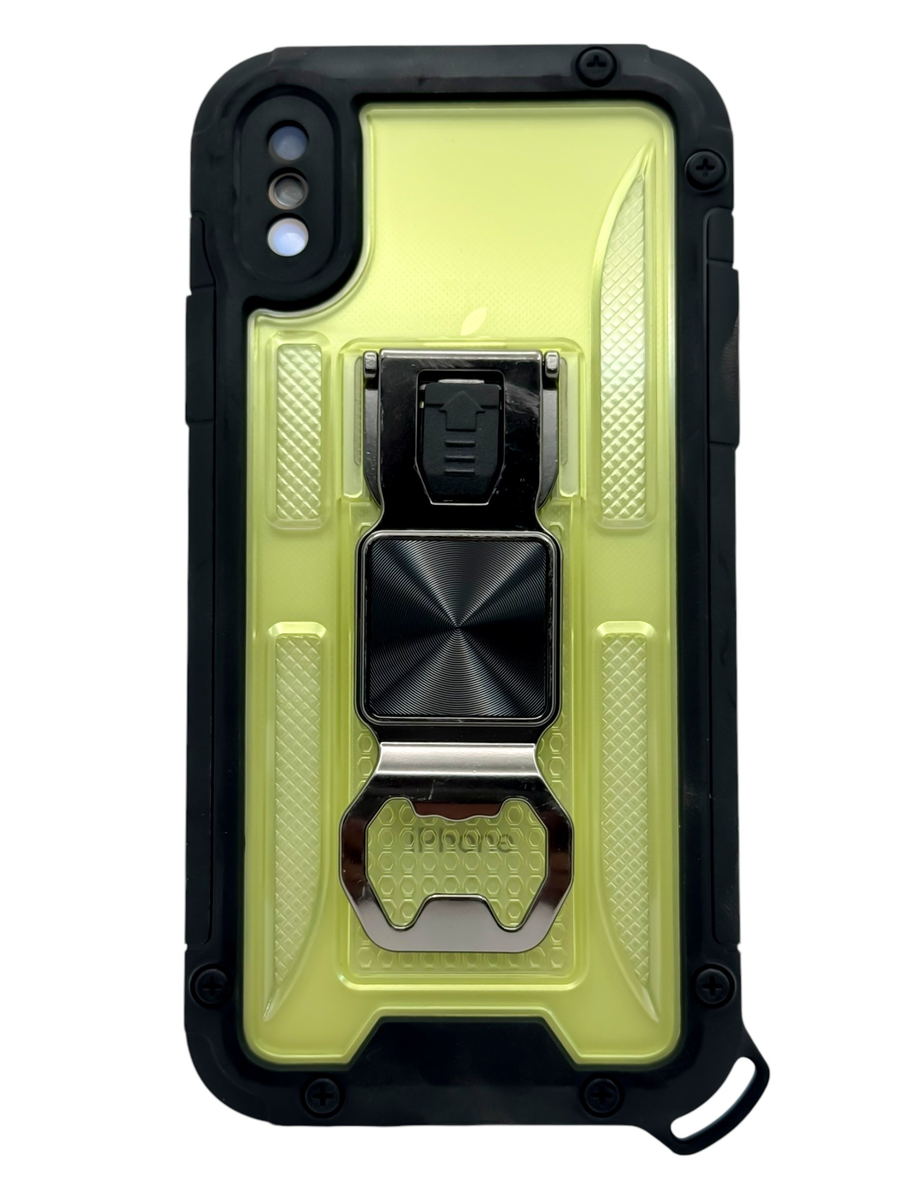 Funda para iPhone X / XS de uso rudo con destapador metálico color amarillo