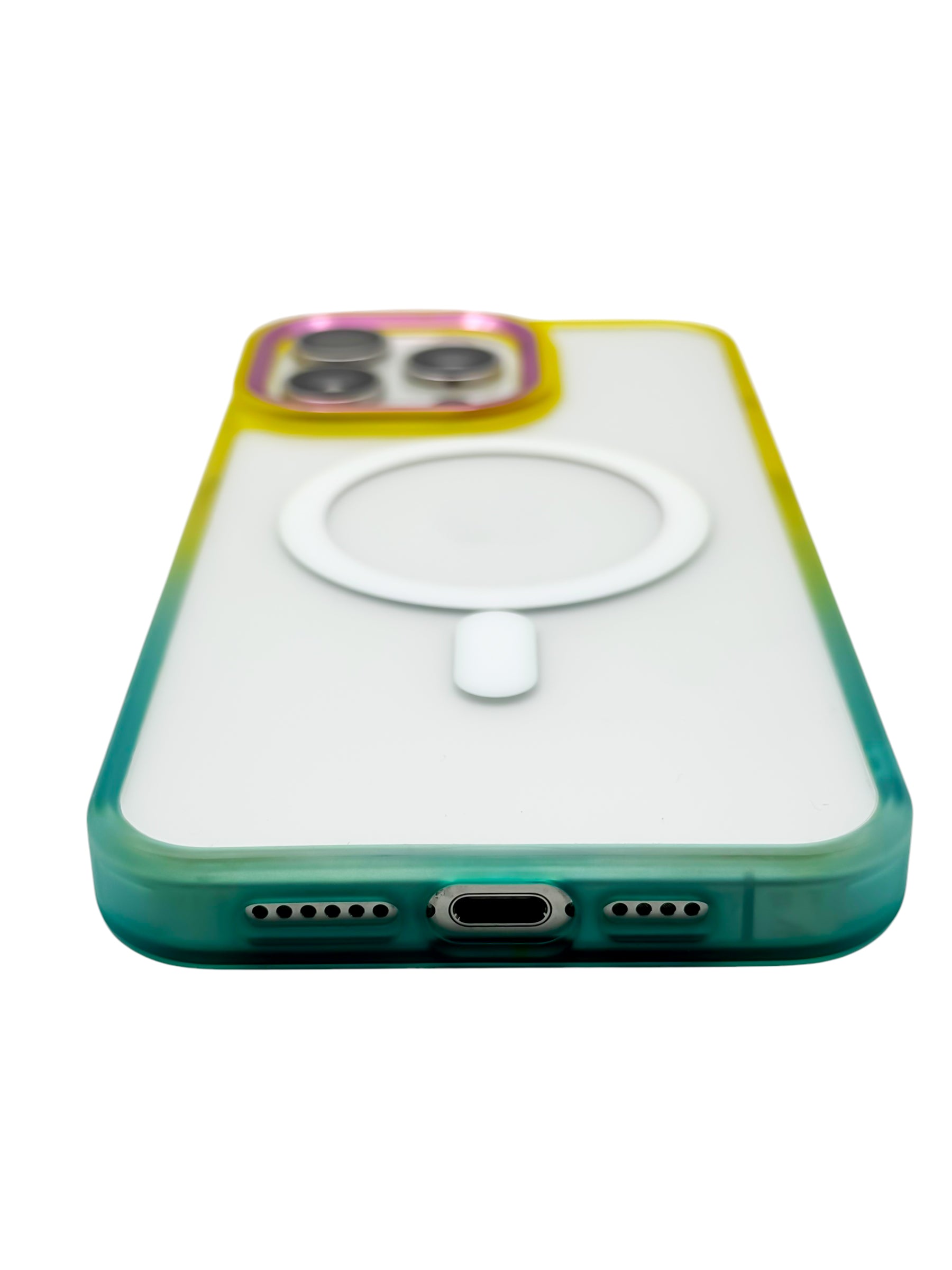 Funda Para iPhone 15 Pro Max Rigida transparente bicolor Compatible Con Magsafe Color amarillo con azul