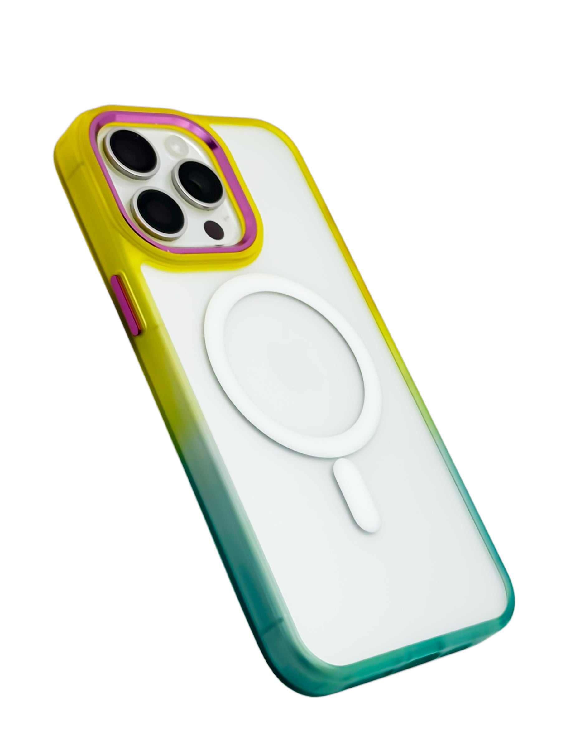 Funda Para iPhone 15 Pro Max Rigida transparente bicolor Compatible Con Magsafe Color amarillo con azul