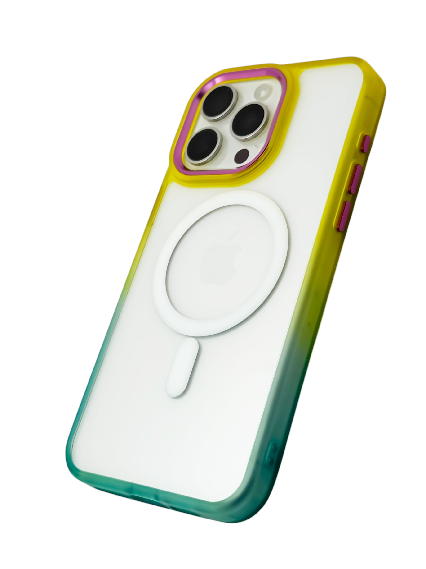 Funda Para iPhone 15 Pro Max Rigida transparente bicolor Compatible Con Magsafe Color amarillo con azul