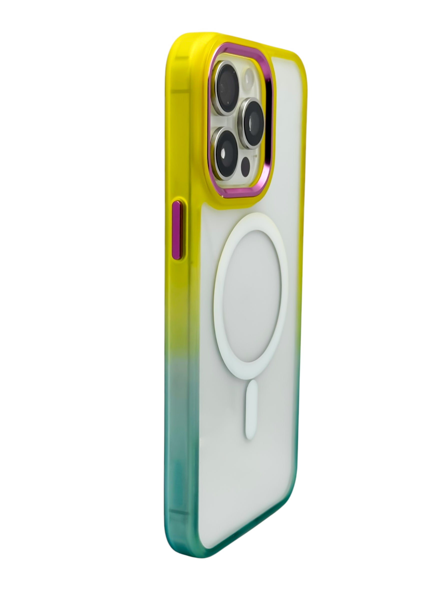 Funda Para iPhone 15 Pro Max Rigida transparente bicolor Compatible Con Magsafe Color amarillo con azul