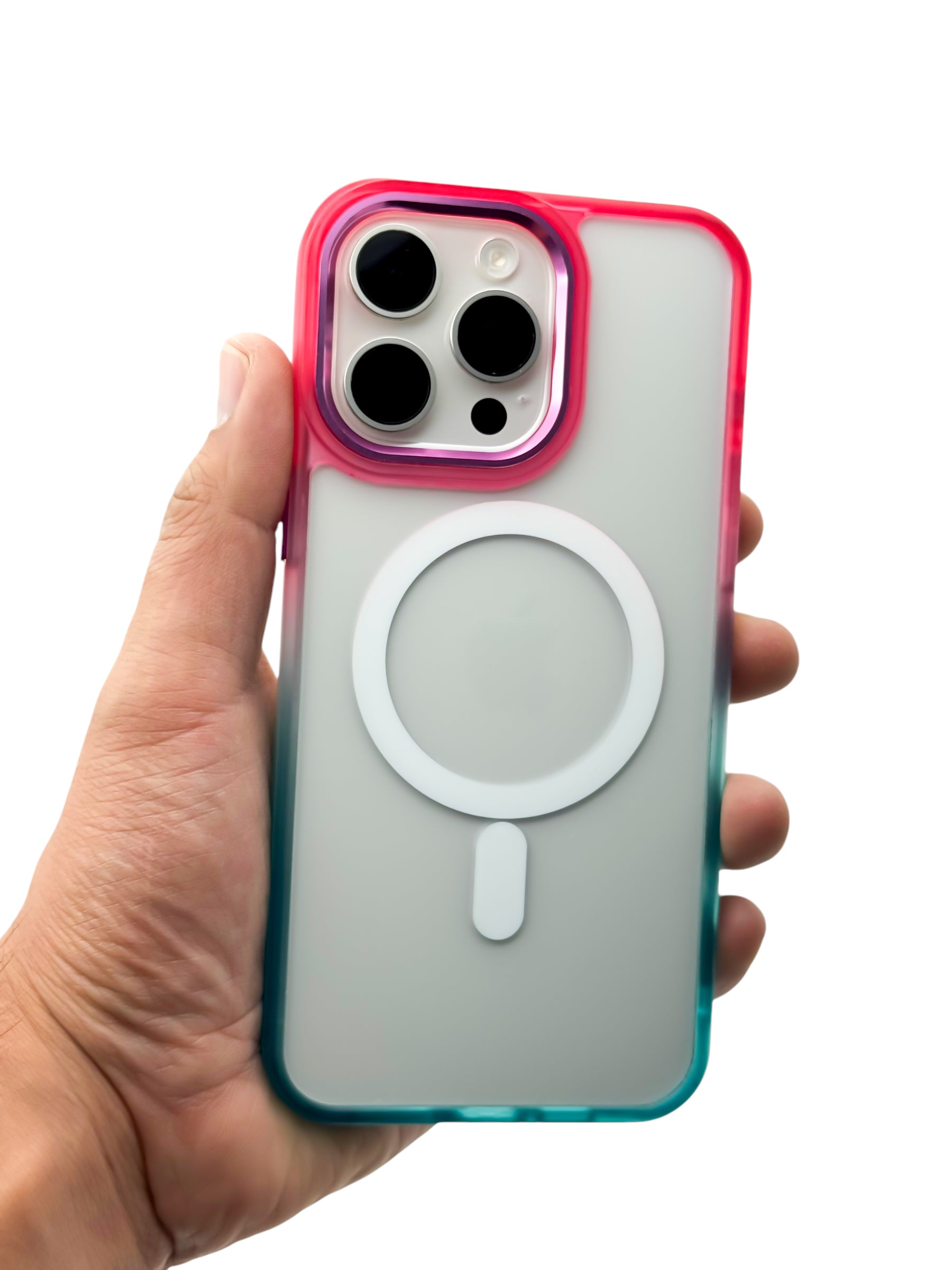 Funda Para iPhone 15 Pro Max Rigida transparente bicolor Compatible Con Magsafe Color Rosa con Azul (Copia)