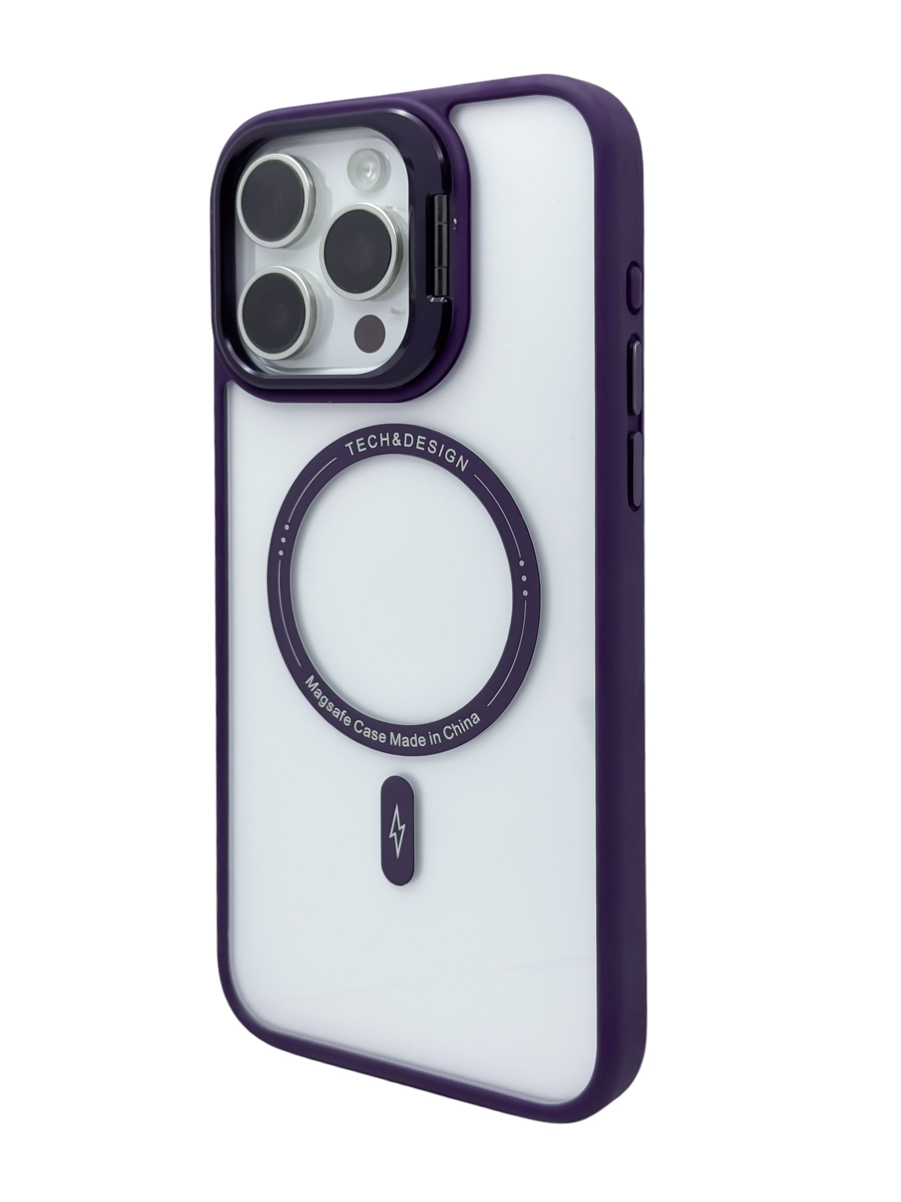 Funda para iPhone 15 pro max transparente con magsafe y base en camara Morado
