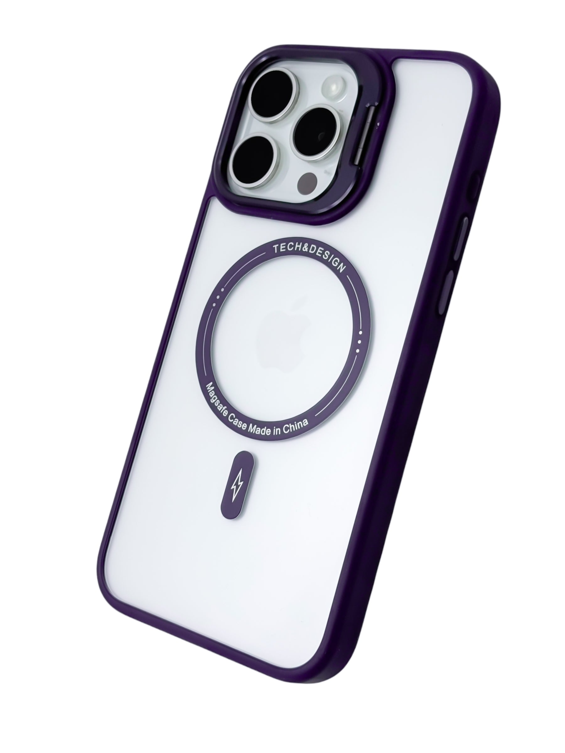 Funda para iPhone 15 pro max transparente con magsafe y base en camara Morado