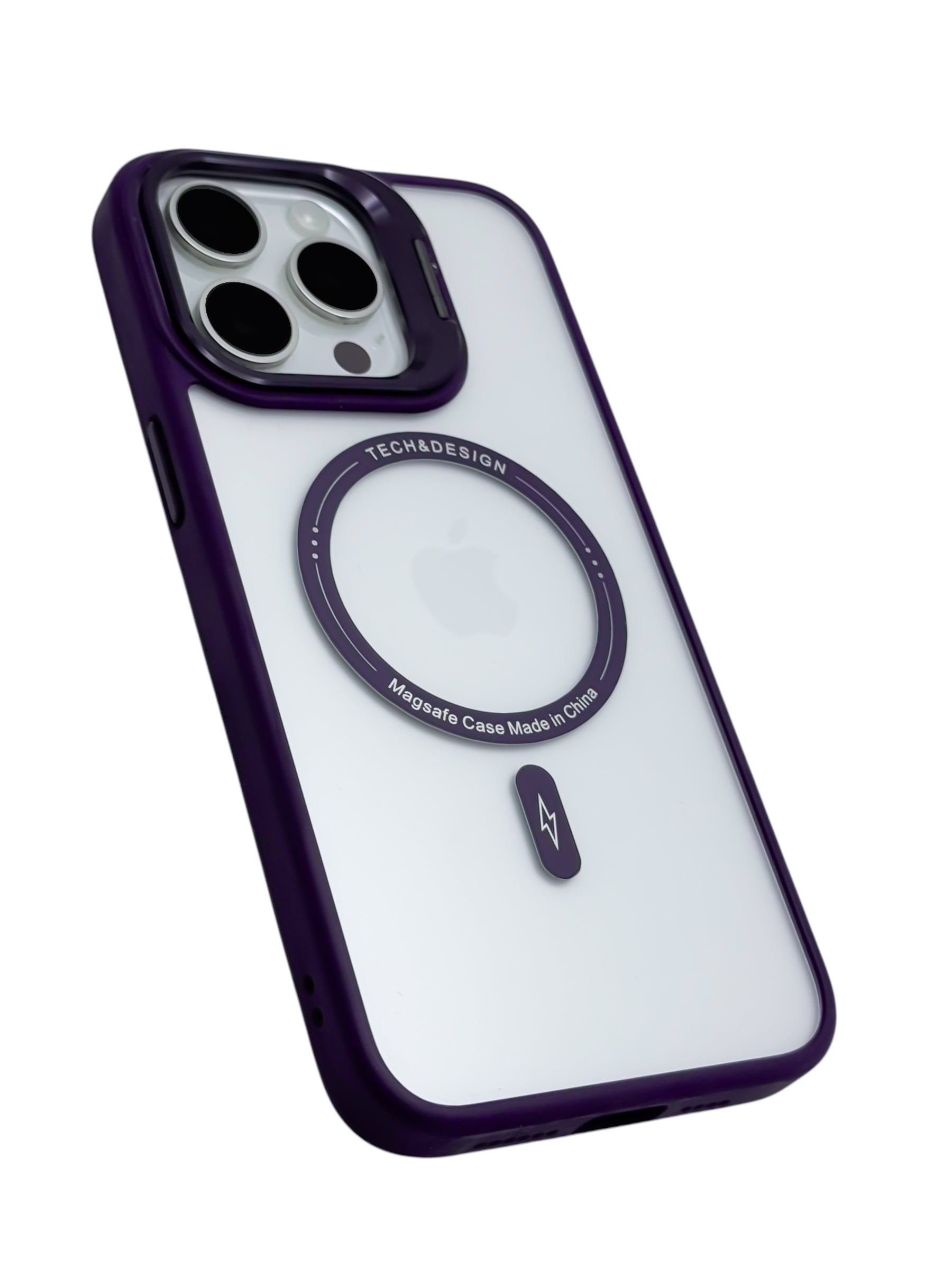 Funda para iPhone 15 pro max transparente con magsafe y base en camara Morado