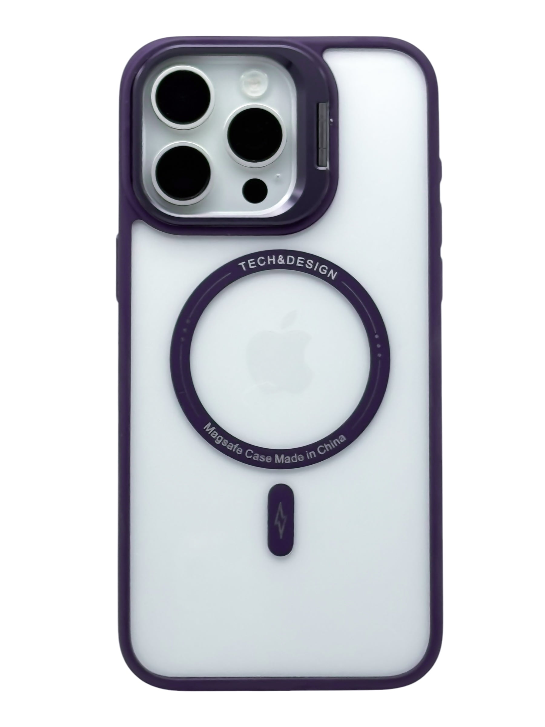 Funda para iPhone 15 pro max transparente con magsafe y base en camara Morado