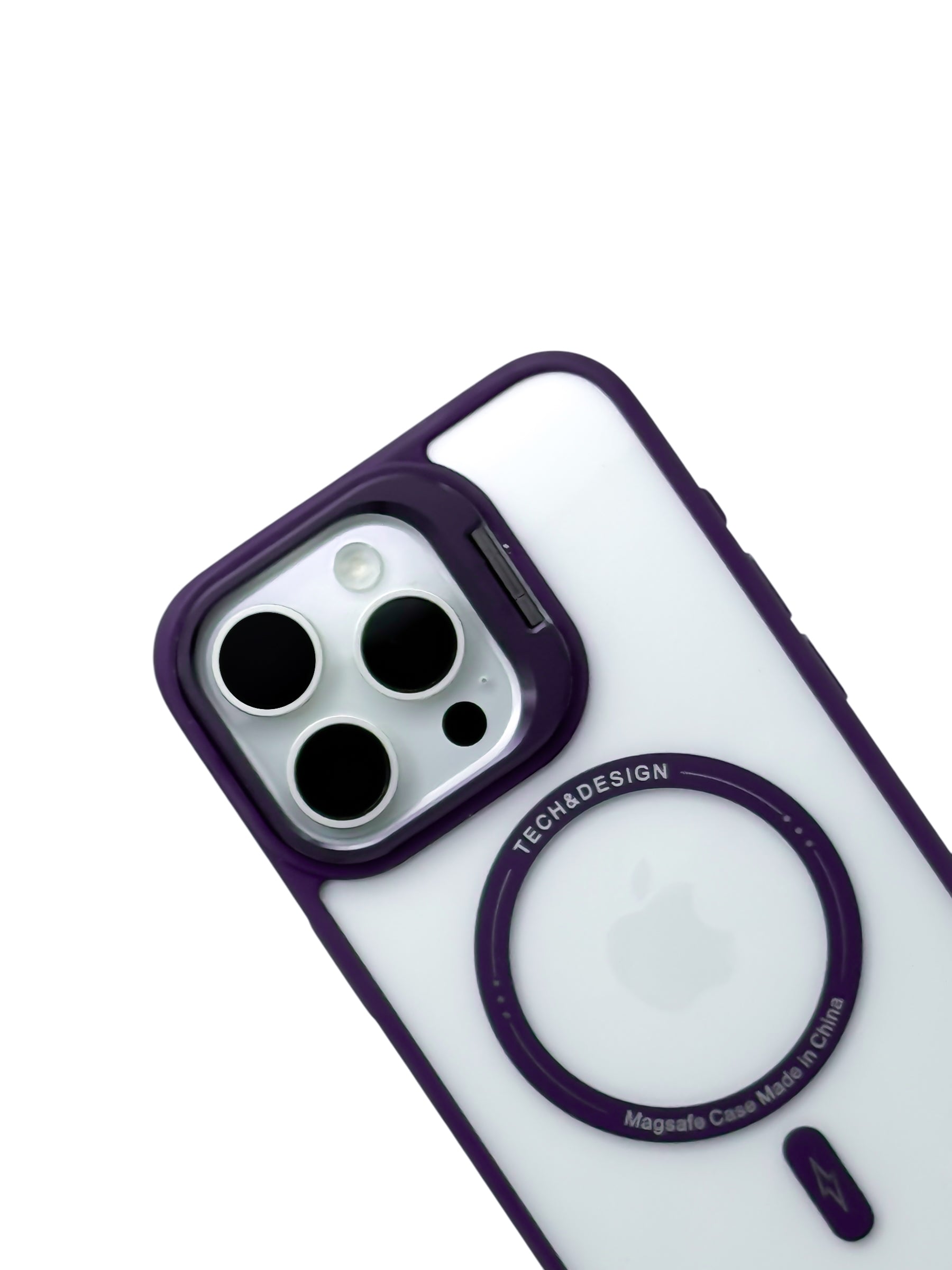 Funda para iPhone 15 pro max transparente con magsafe y base en camara Morado