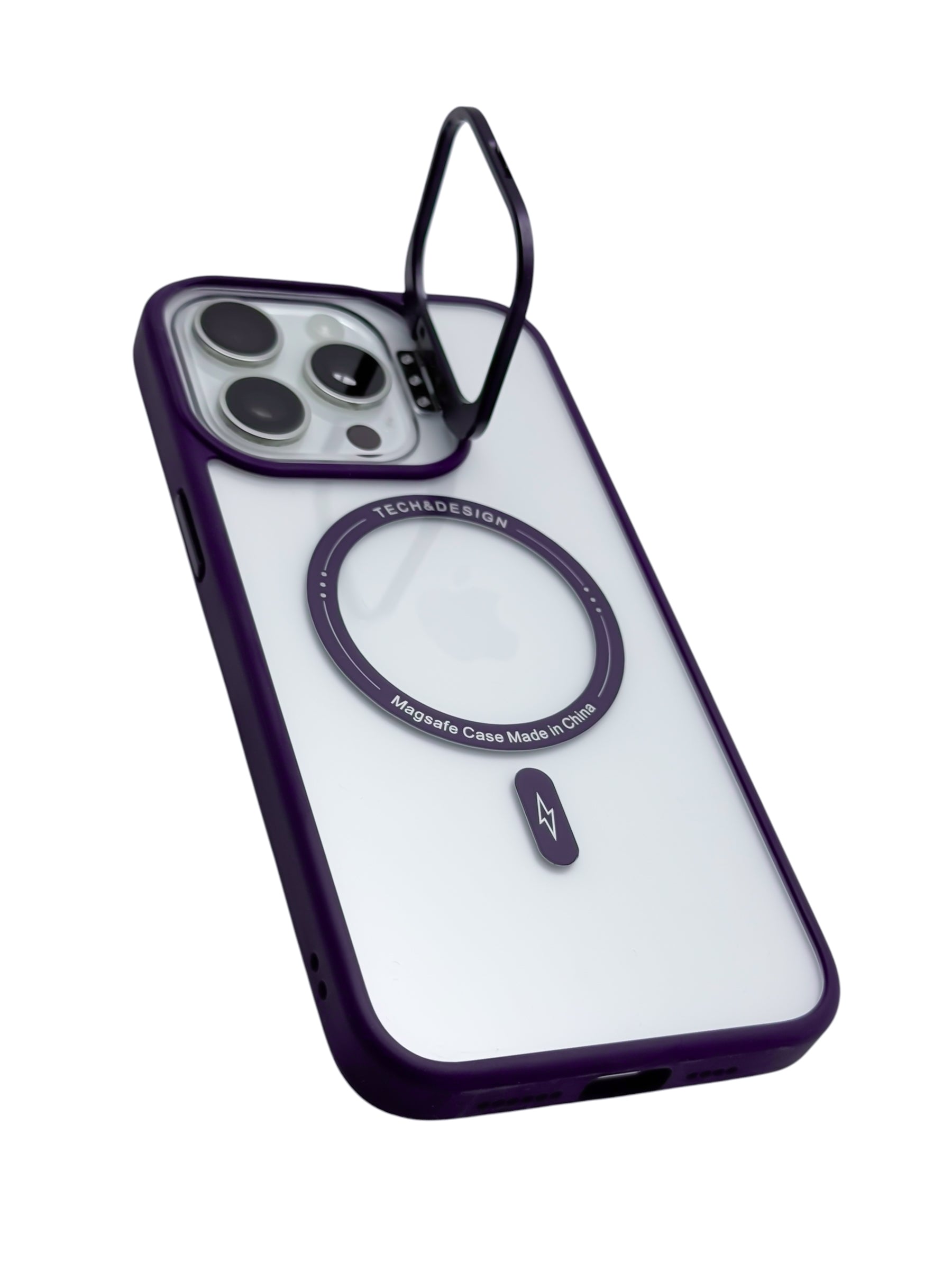 Funda para iPhone 15 pro max transparente con magsafe y base en camara Morado