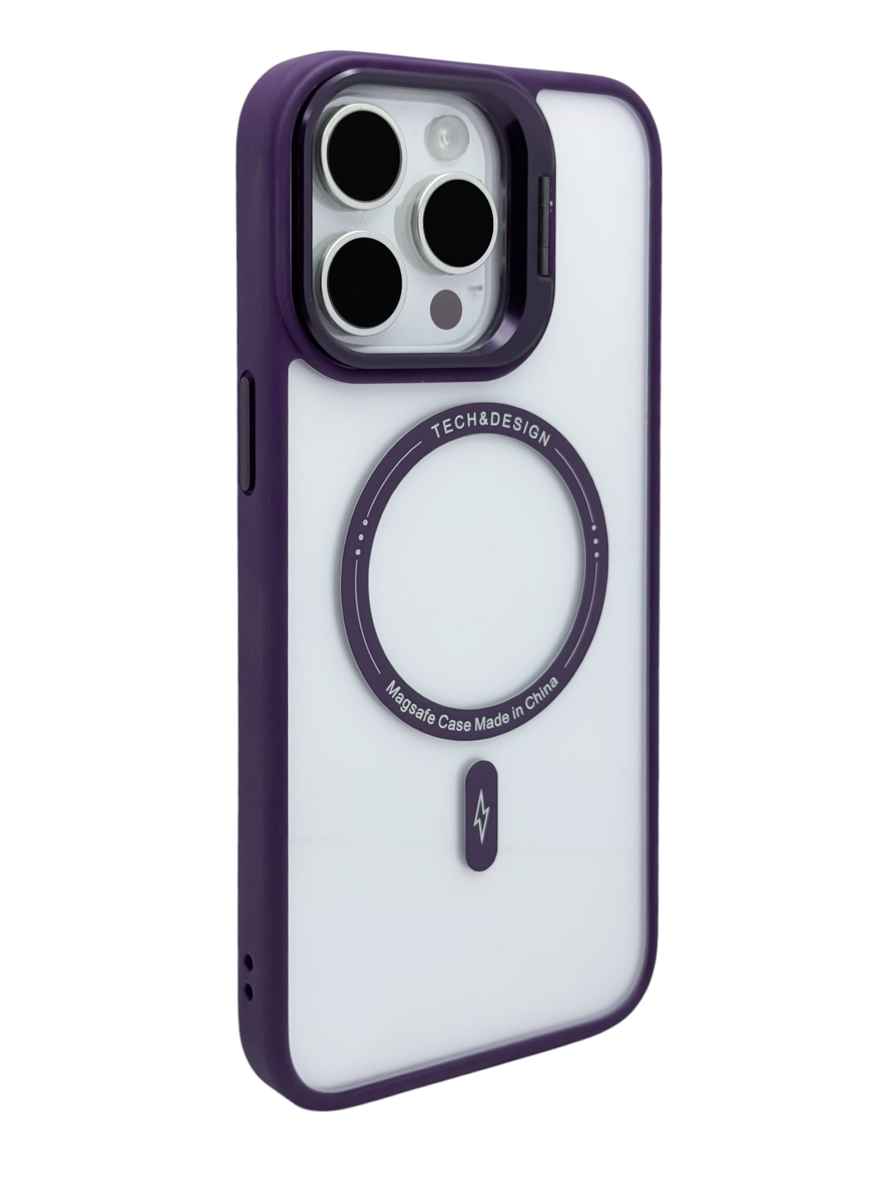 Funda para iPhone 15 pro max transparente con magsafe y base en camara Morado