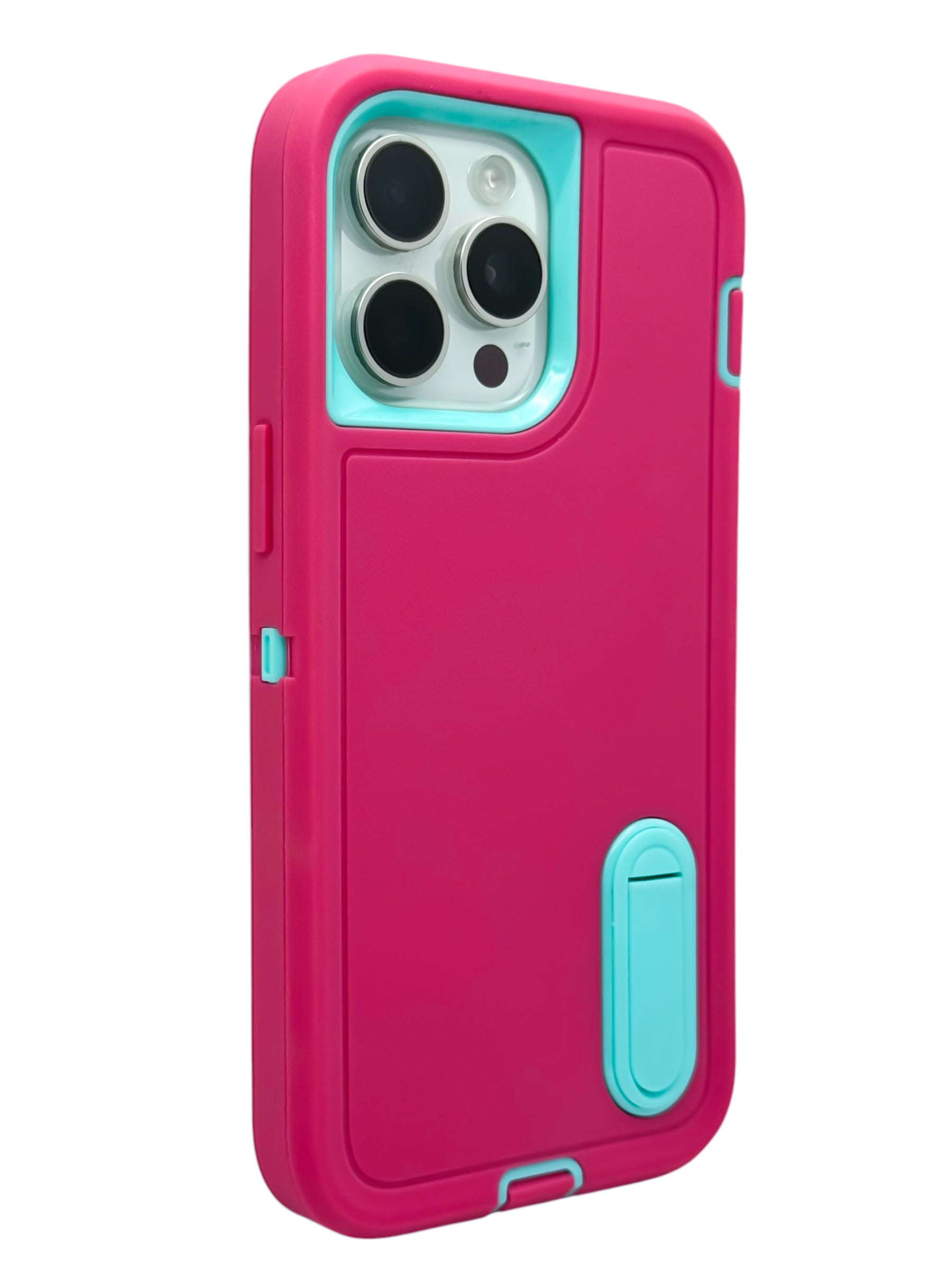Funda para iPhone 15 pro max uso rudo extremo 3 en 1 con base de apoyo Rosa
