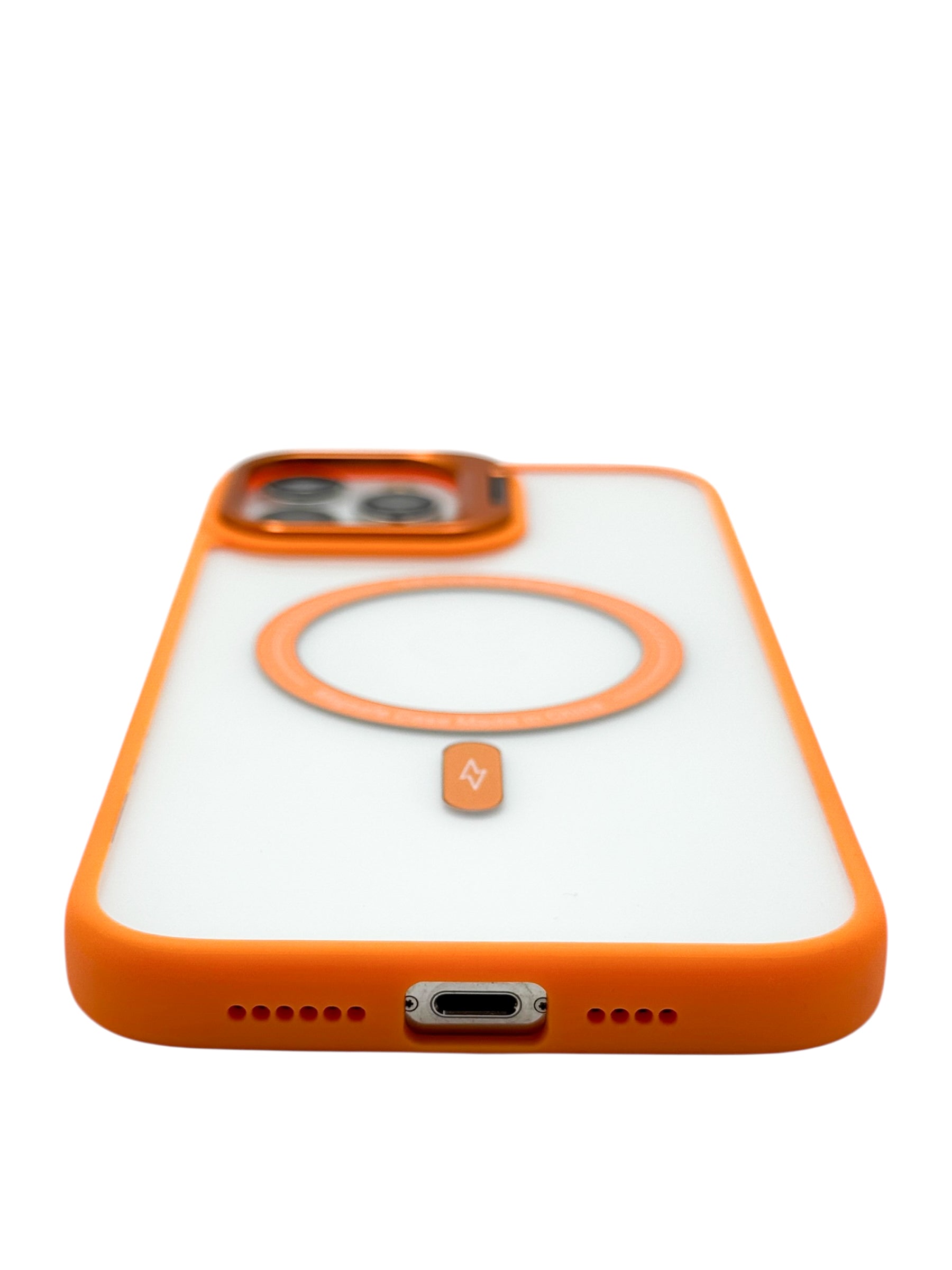 Funda para iPhone 12 PRO MAX (6.7) transparente con magsafe y base en camara naranja