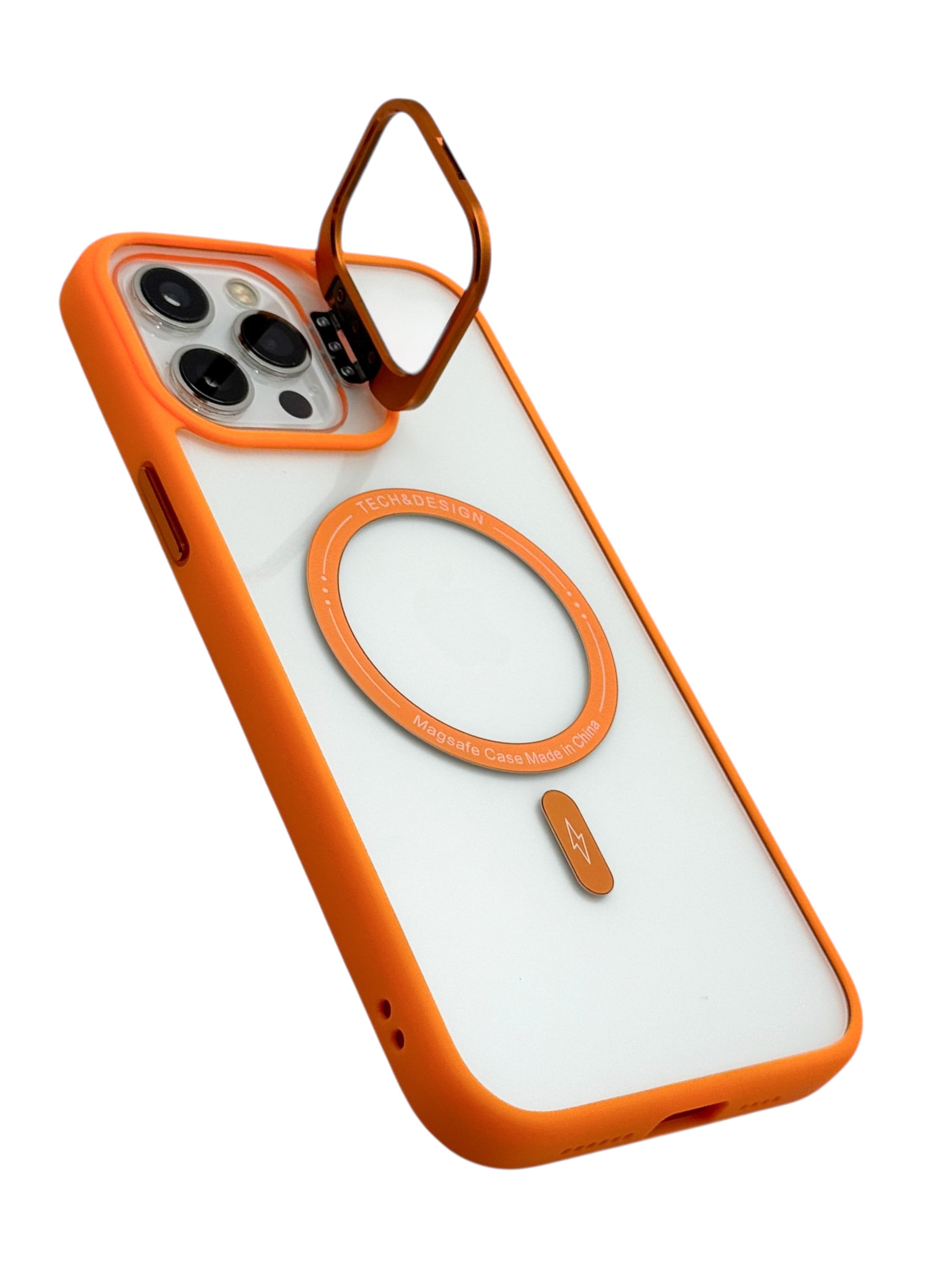Funda para iPhone 12 PRO MAX (6.7) transparente con magsafe y base en camara naranja