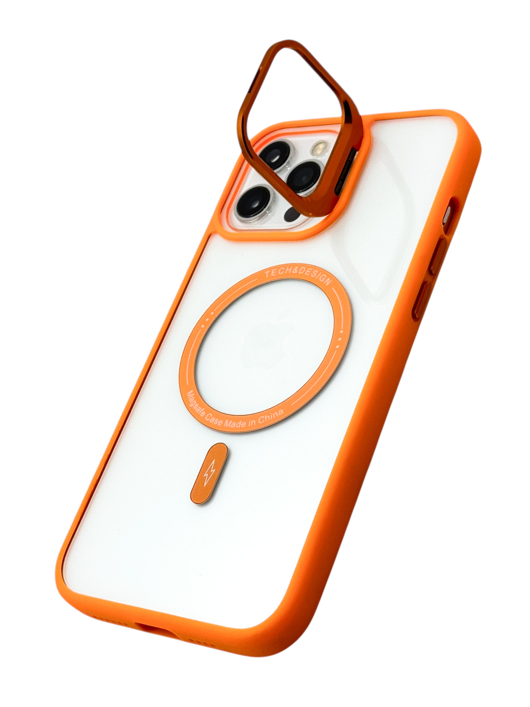 Funda para iPhone 12 PRO MAX (6.7) transparente con magsafe y base en camara naranja