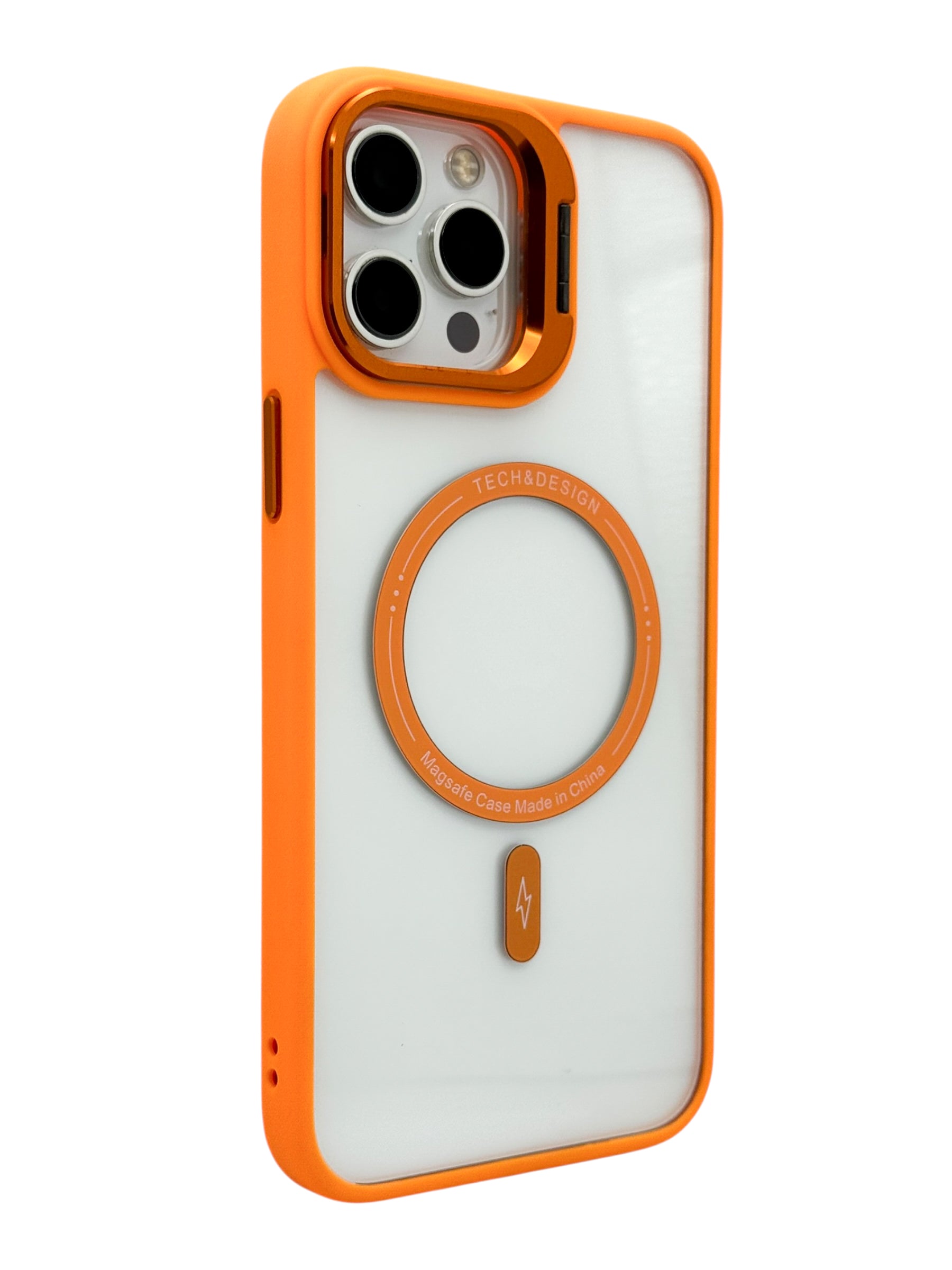 Funda para iPhone 12 PRO MAX (6.7) transparente con magsafe y base en camara naranja