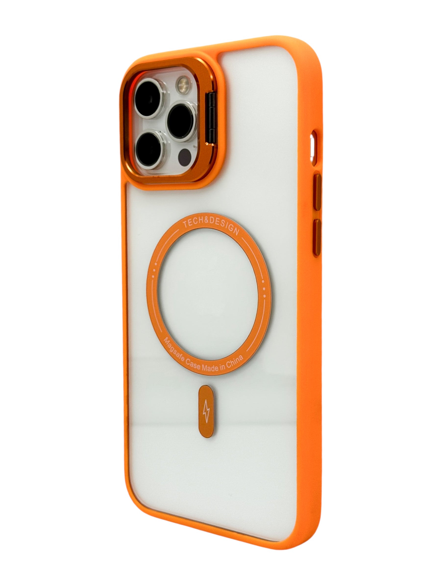 Funda para iPhone 12 PRO MAX (6.7) transparente con magsafe y base en camara naranja