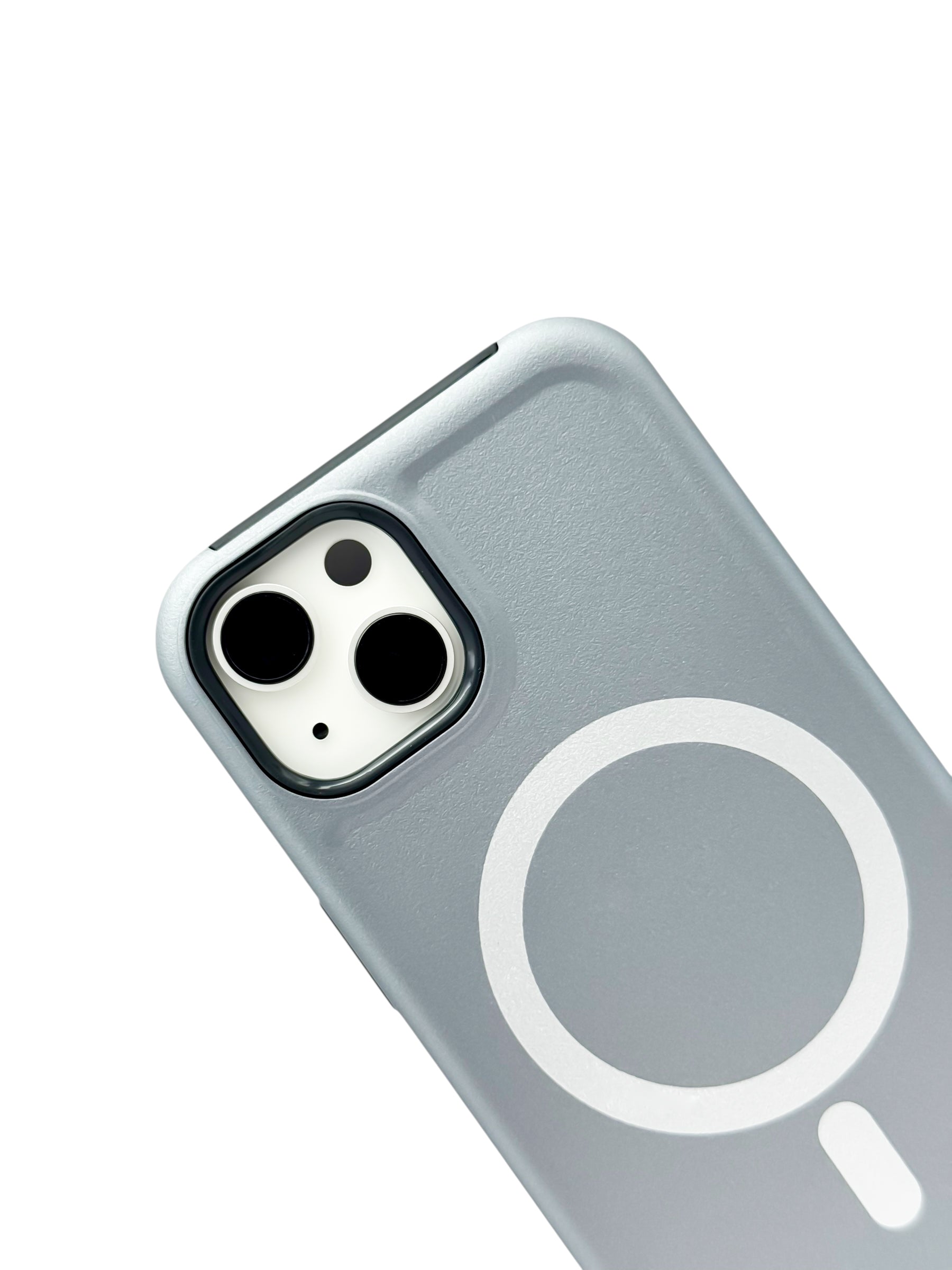 Funda para iPhone 13 normal (6.1) Rigida con aro magsafe textura suave plata
