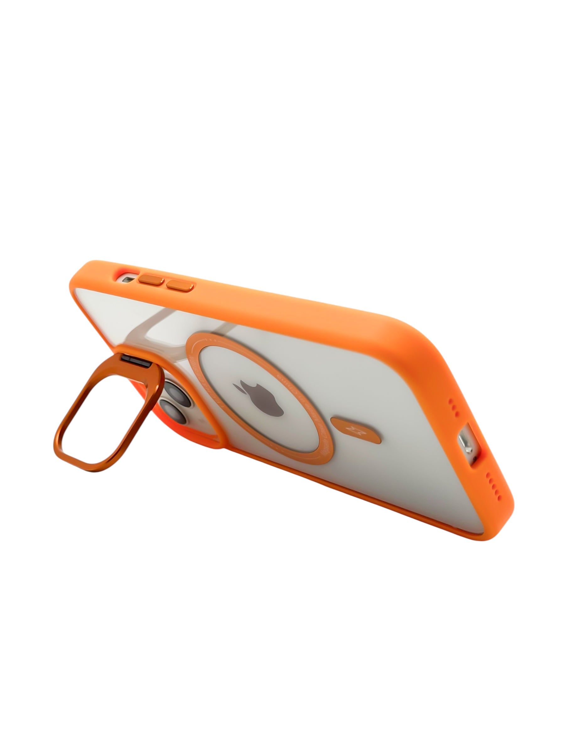 Funda para iPhone 15 normal (6.1) transparente con magsafe y base en camara naranja