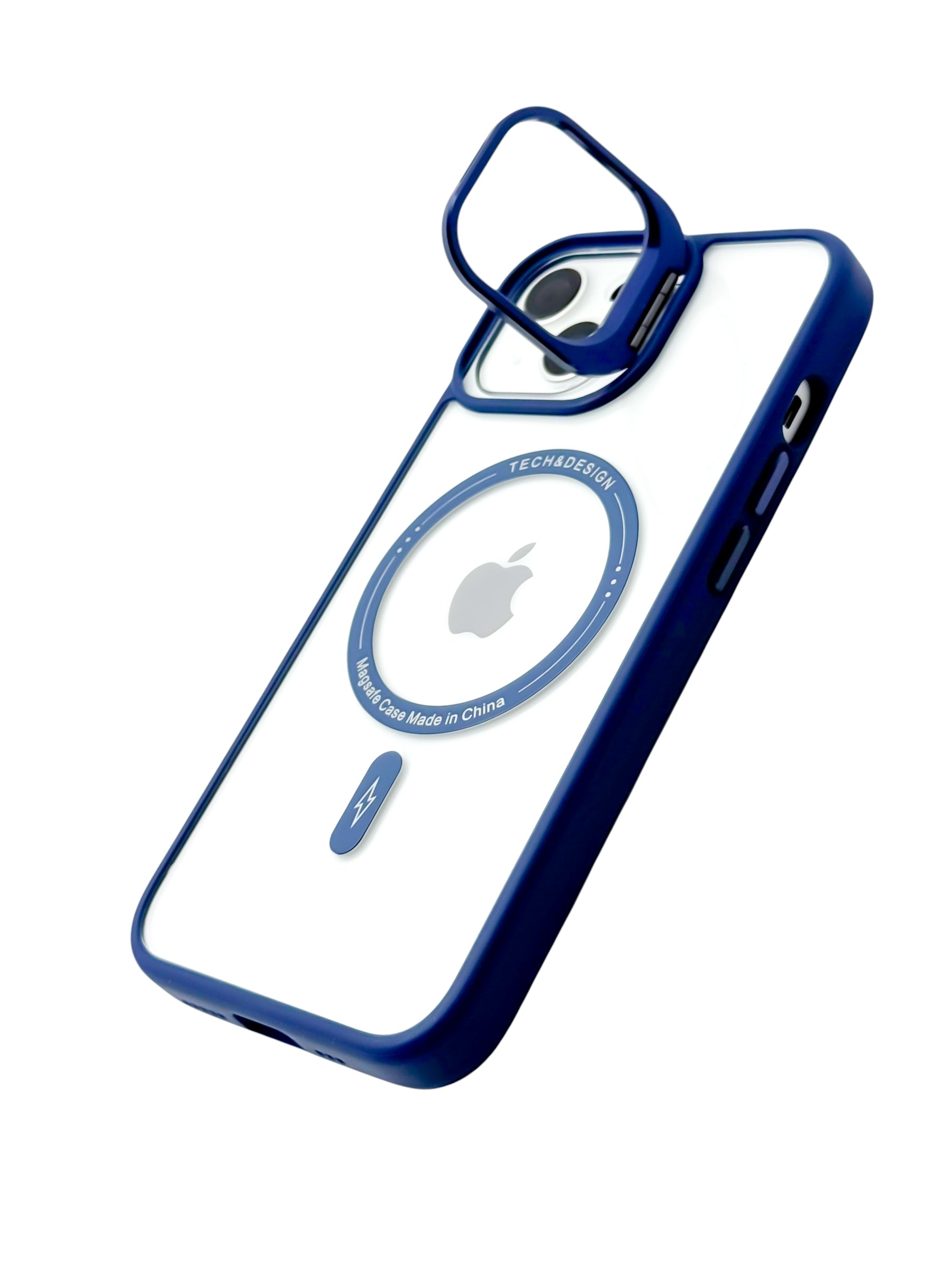 Funda para iPhone 15 normal (6.1) transparente con magsafe y base en camara azul