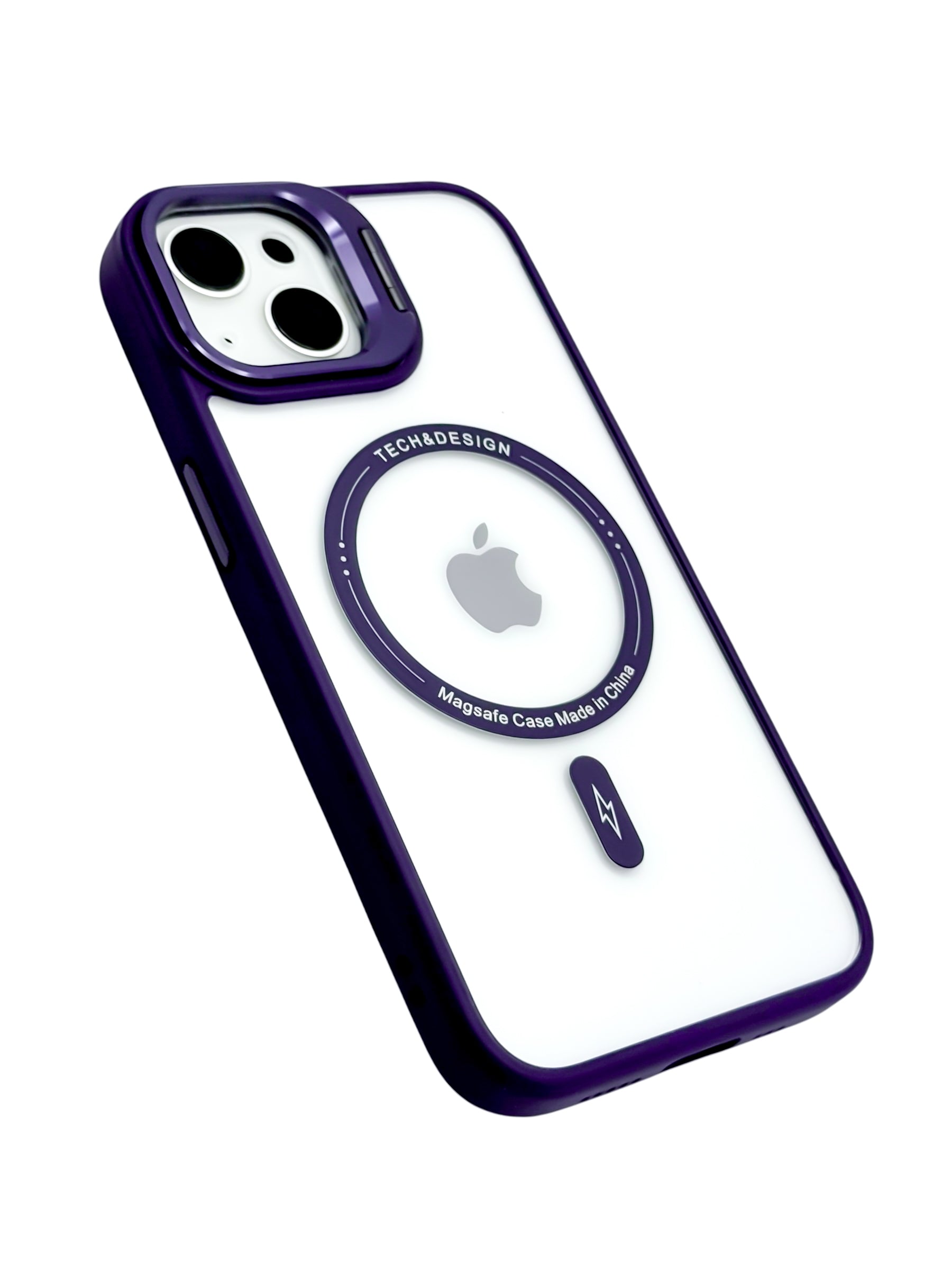 Funda para iPhone 13 normal (6.1) transparente con magsafe y base en camara Morado