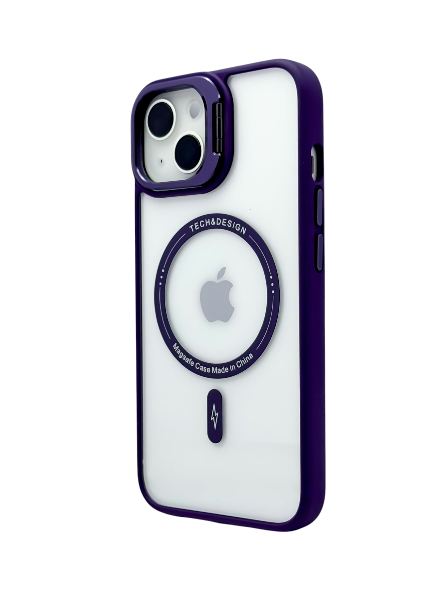 Funda para iPhone 13 normal (6.1) transparente con magsafe y base en camara Morado