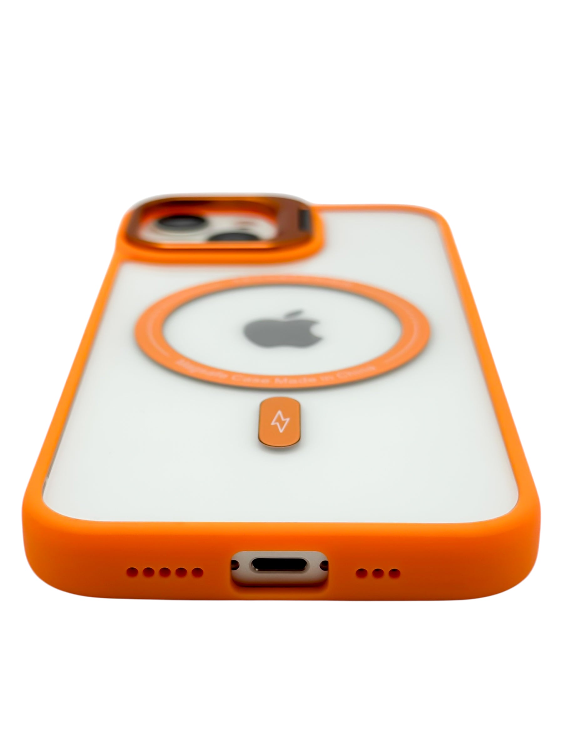 Funda para iPhone 15 normal (6.1) transparente con magsafe y base en camara naranja