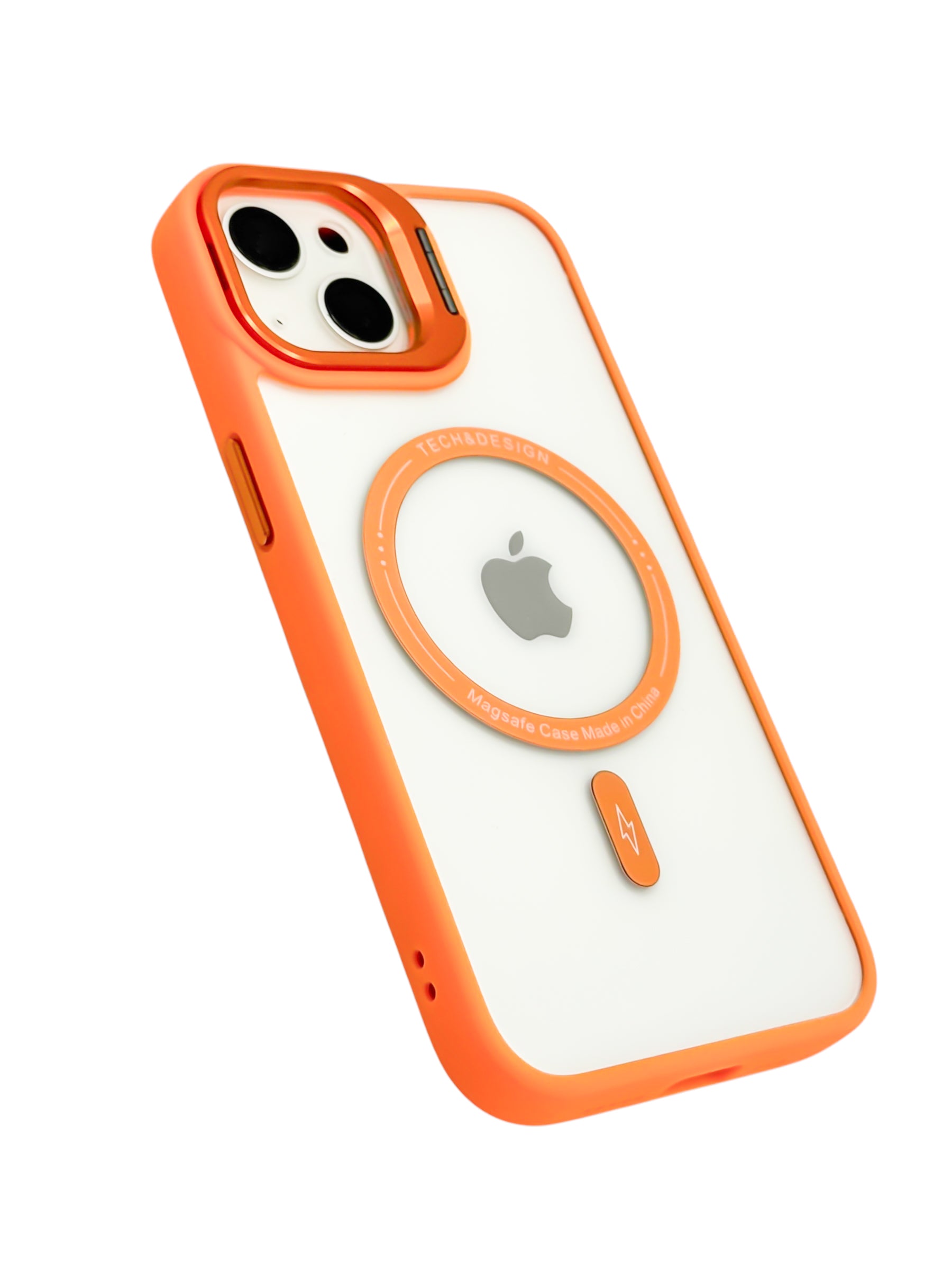 Funda para iPhone 15 normal (6.1) transparente con magsafe y base en camara naranja