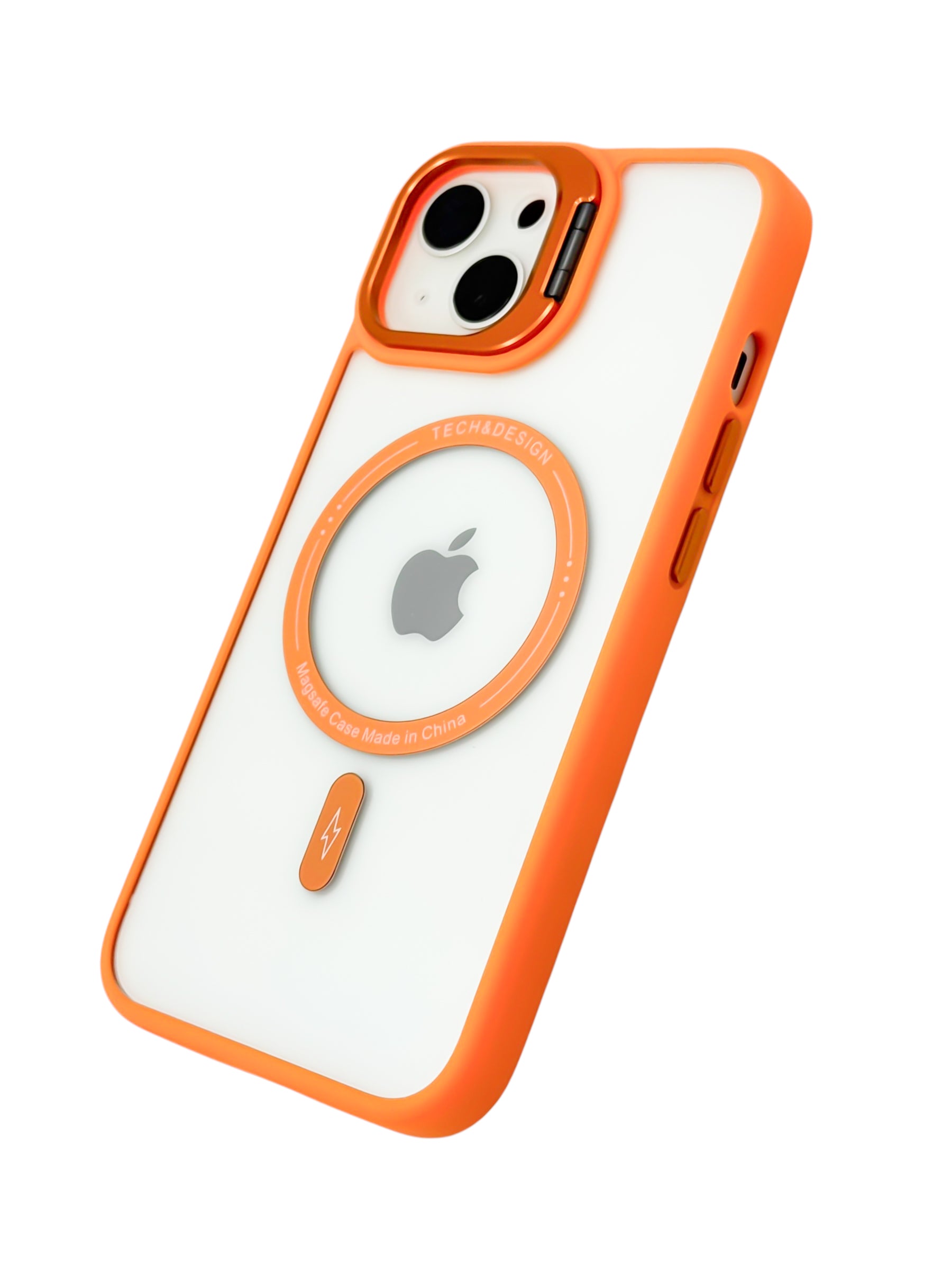 Funda para iPhone 15 normal (6.1) transparente con magsafe y base en camara naranja