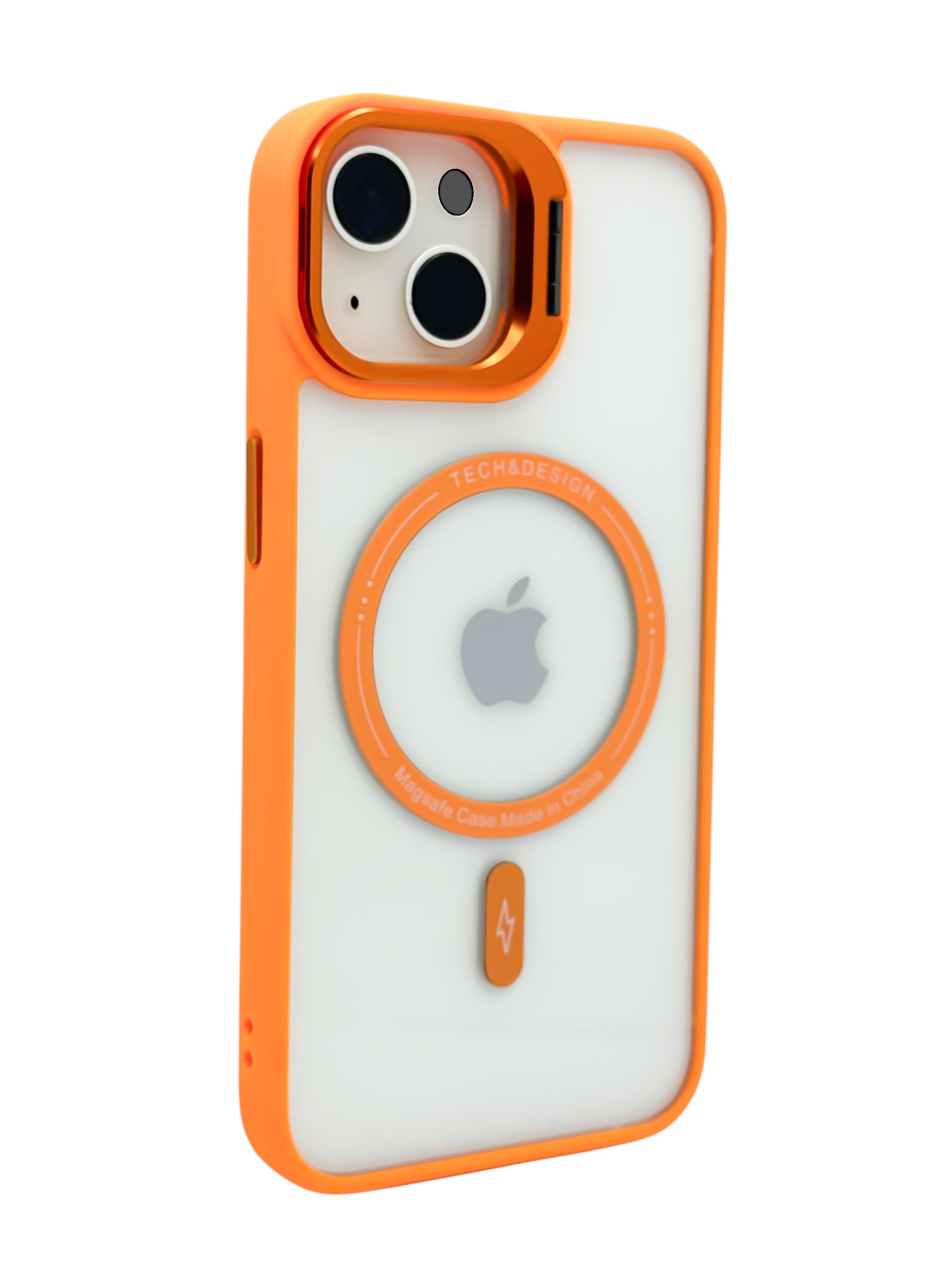 Funda para iPhone 15 normal (6.1) transparente con magsafe y base en camara naranja
