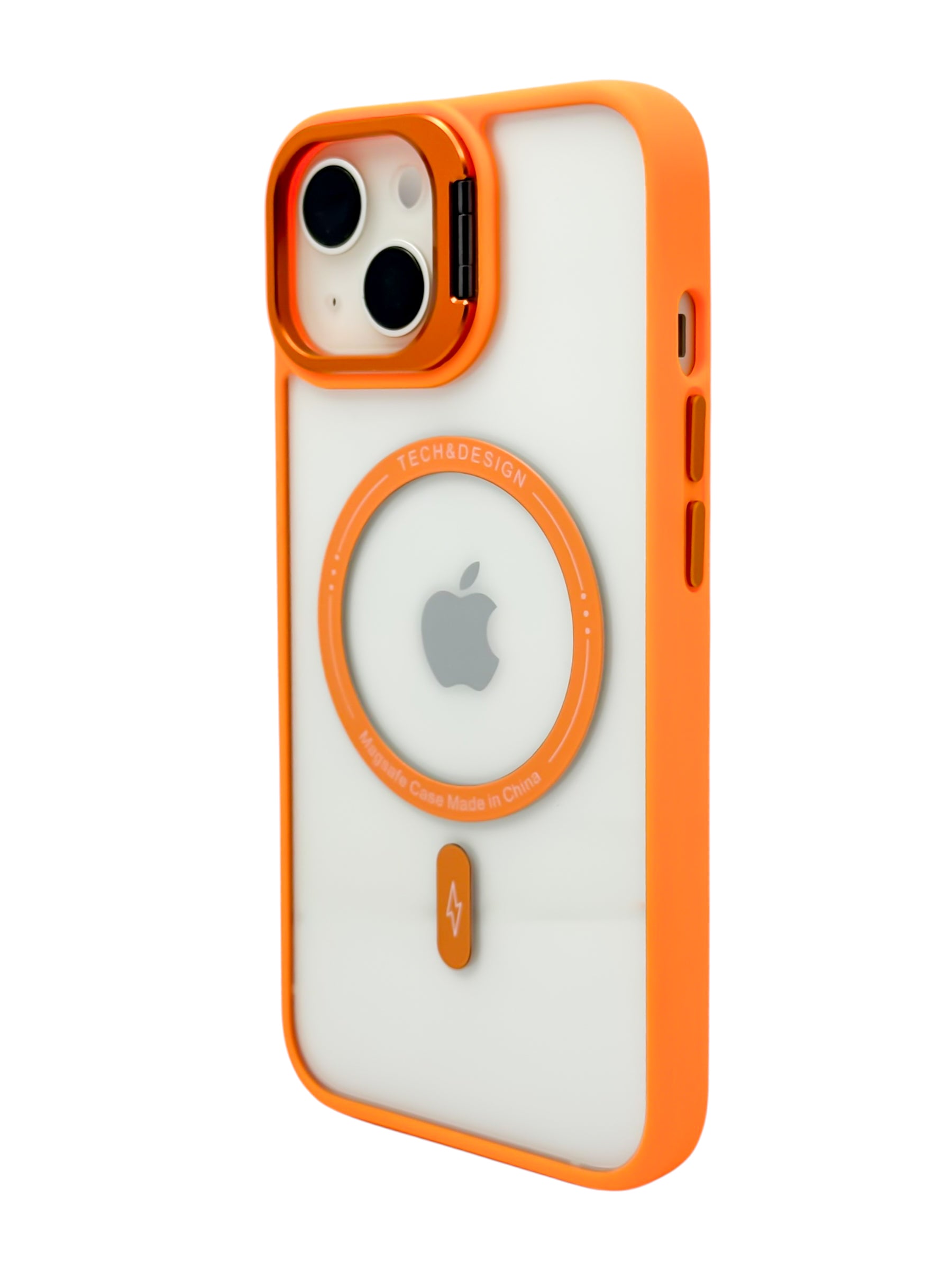 Funda para iPhone 15 normal (6.1) transparente con magsafe y base en camara naranja