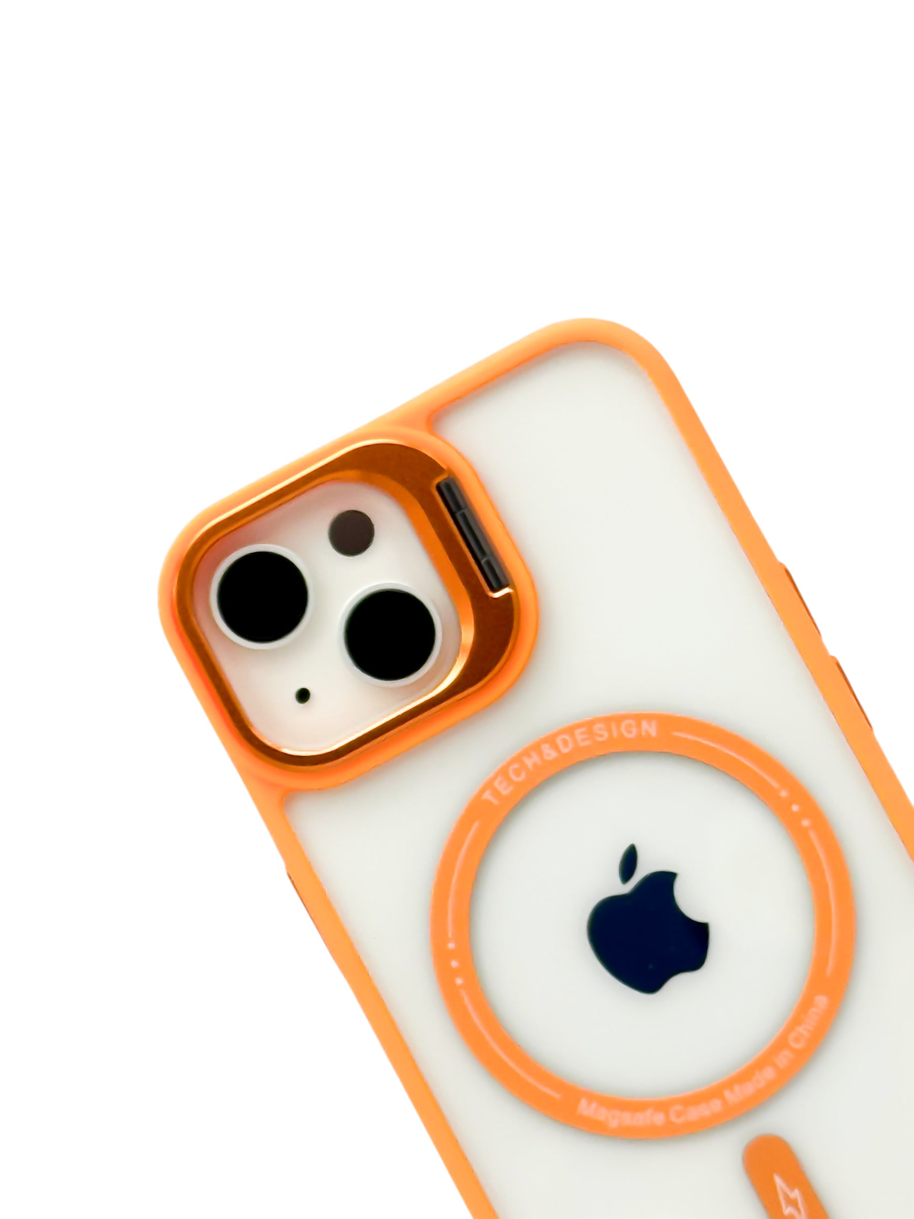 Funda para iPhone 15 normal (6.1) transparente con magsafe y base en camara naranja