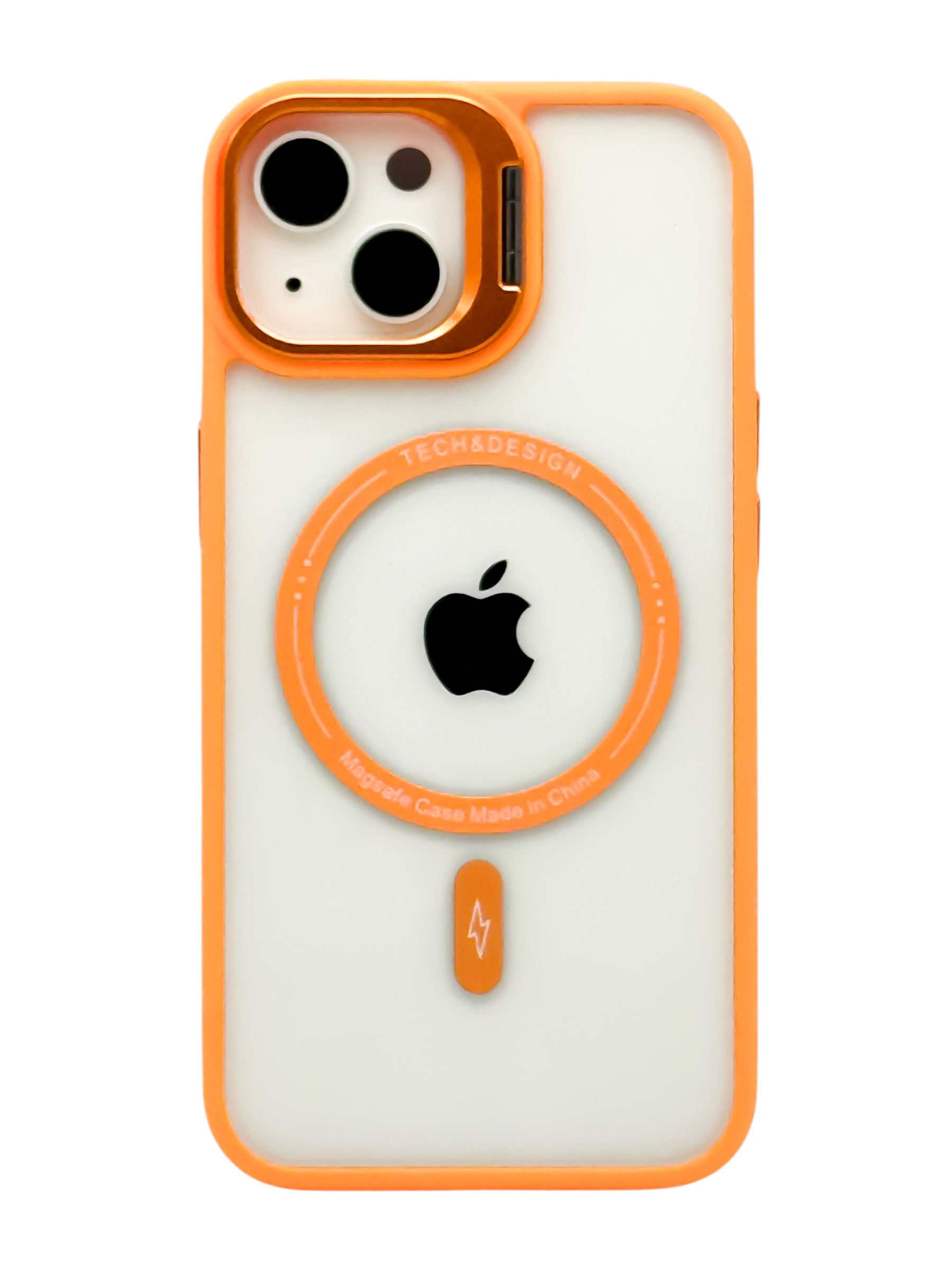 Funda para iPhone 15 normal (6.1) transparente con magsafe y base en camara naranja