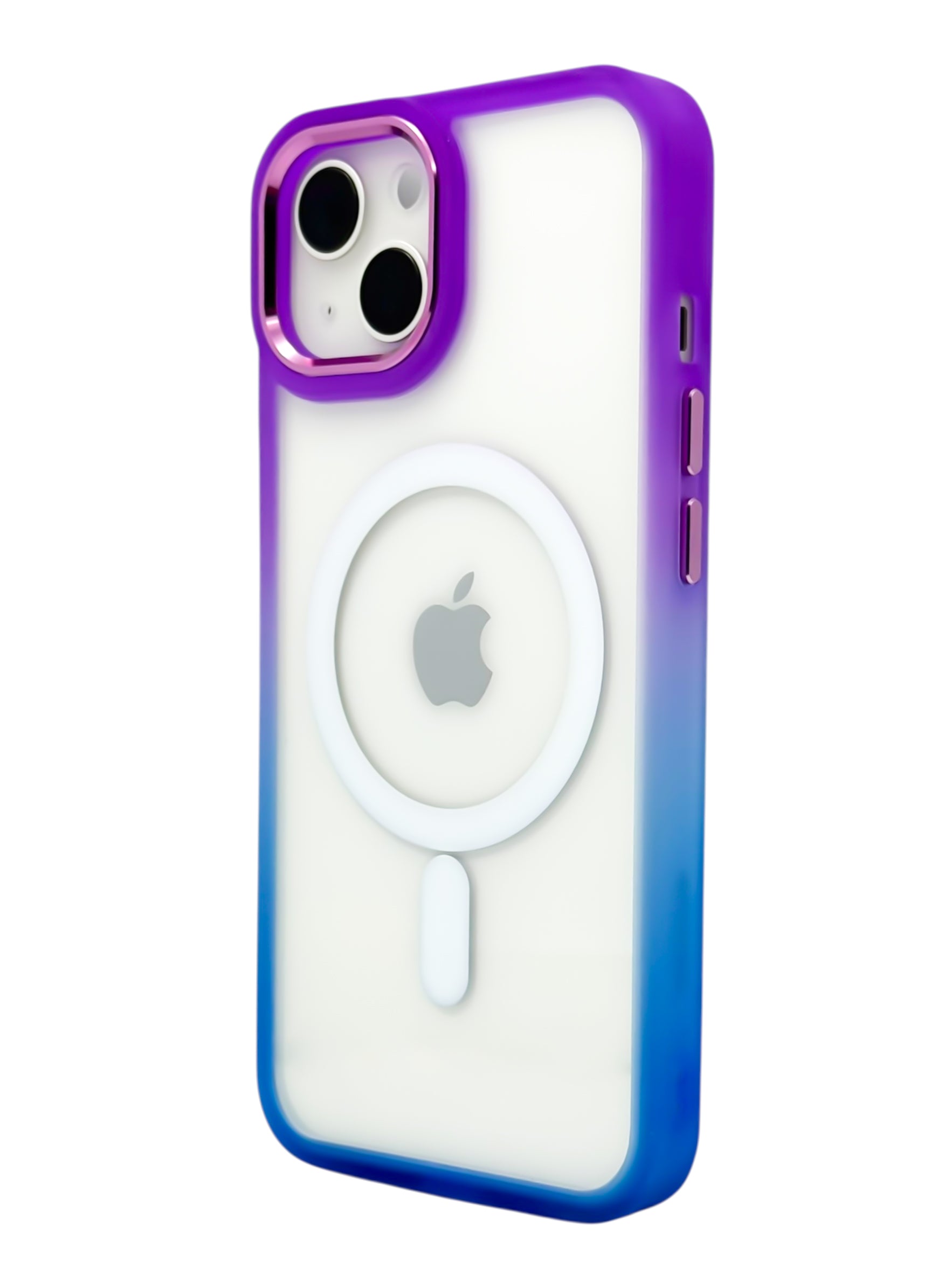 Funda Para iPhone 15 normal (6.1) Rigida transparente bicolor Compatible Con Magsafe Color morado con azul