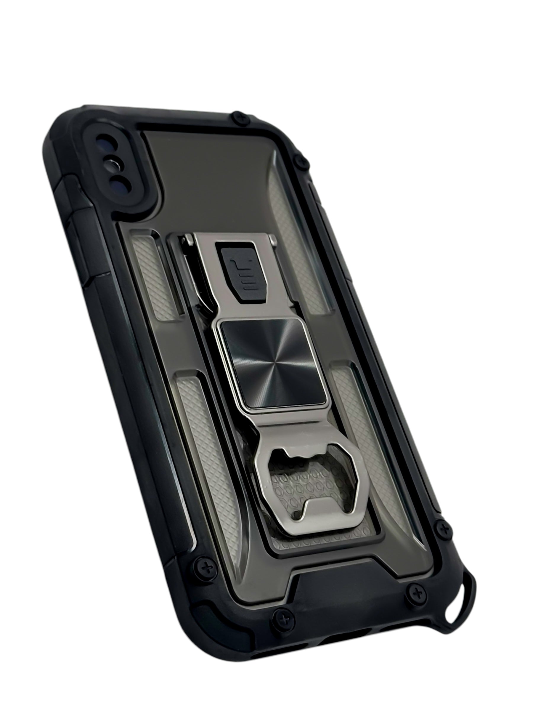 Funda para iPhone X / XS de uso rudo con destapador metálico color Negro