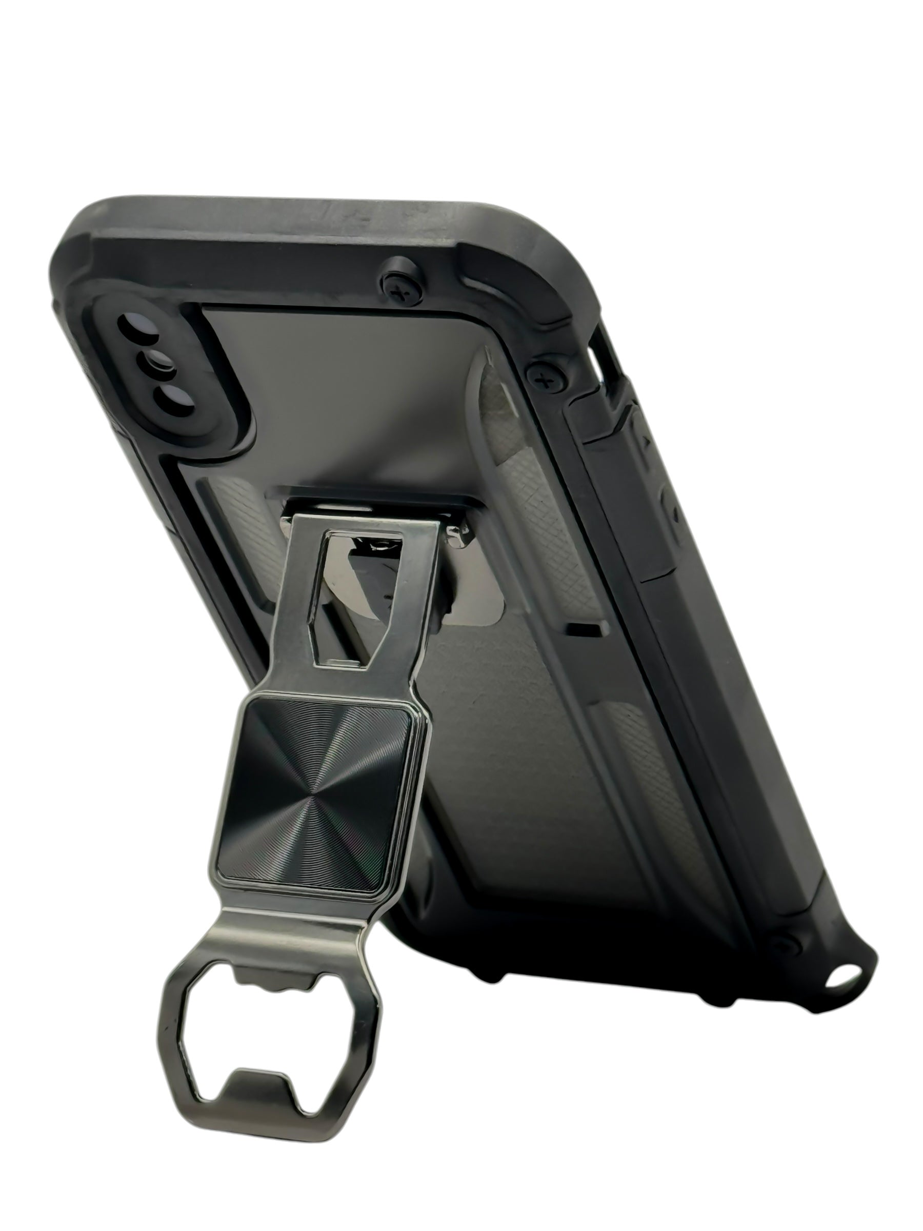Funda para iPhone X / XS de uso rudo con destapador metálico color Negro