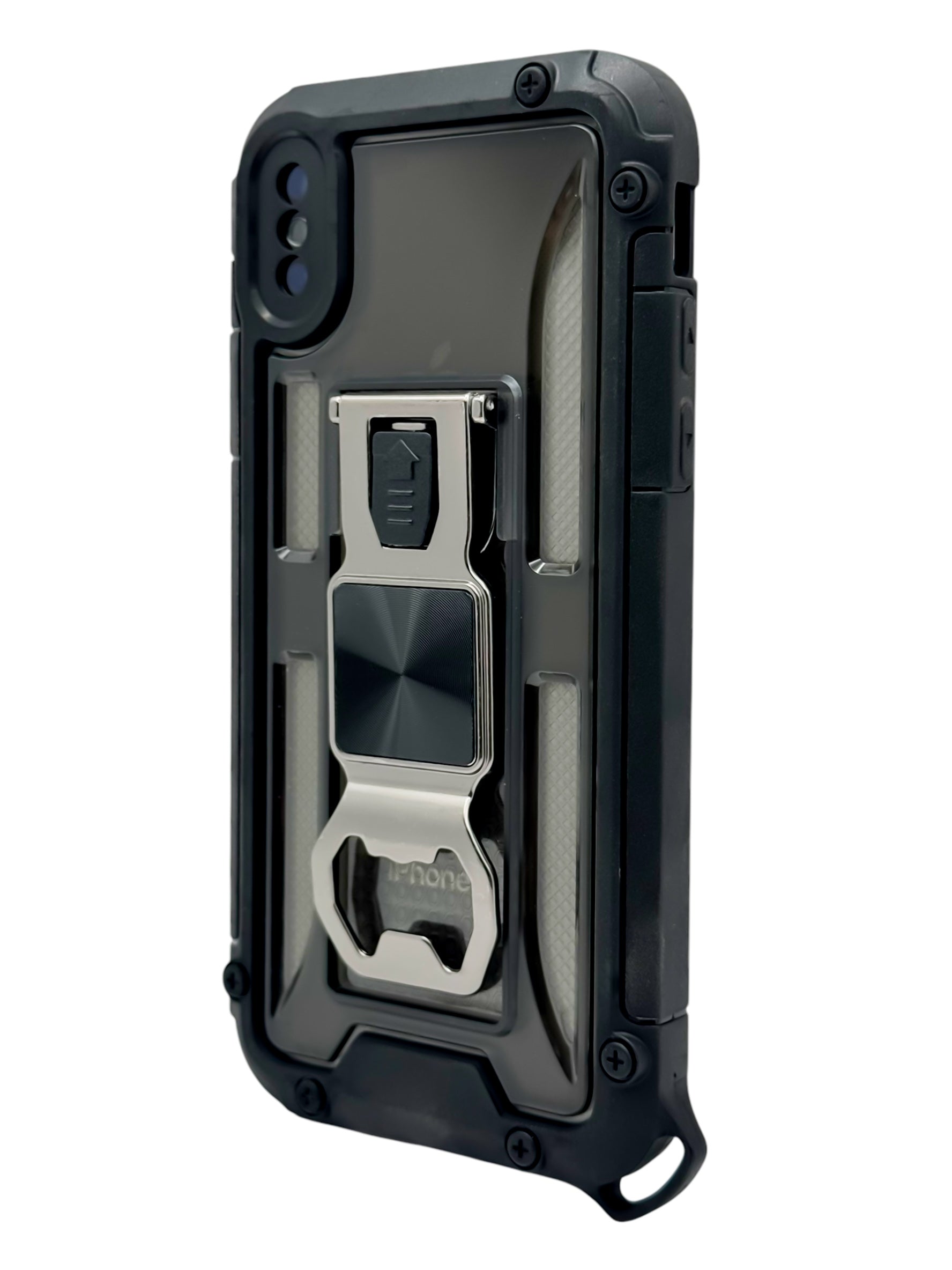 Funda para iPhone X / XS de uso rudo con destapador metálico color Negro
