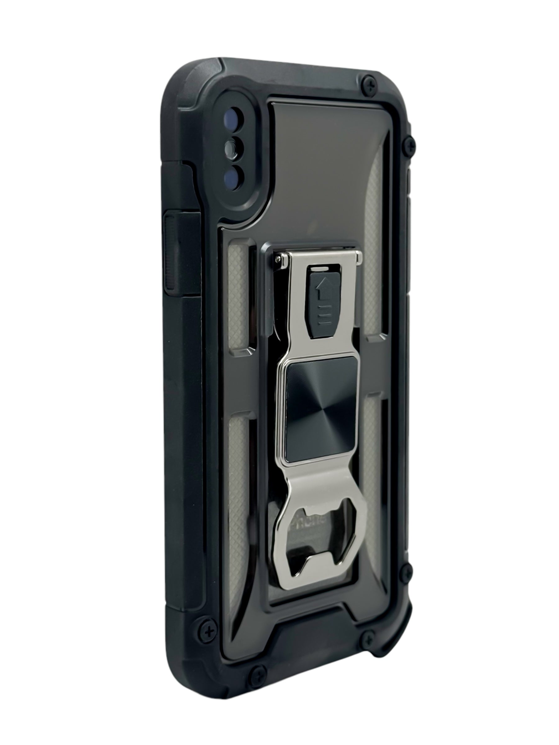 Funda para iPhone X / XS de uso rudo con destapador metálico color Negro