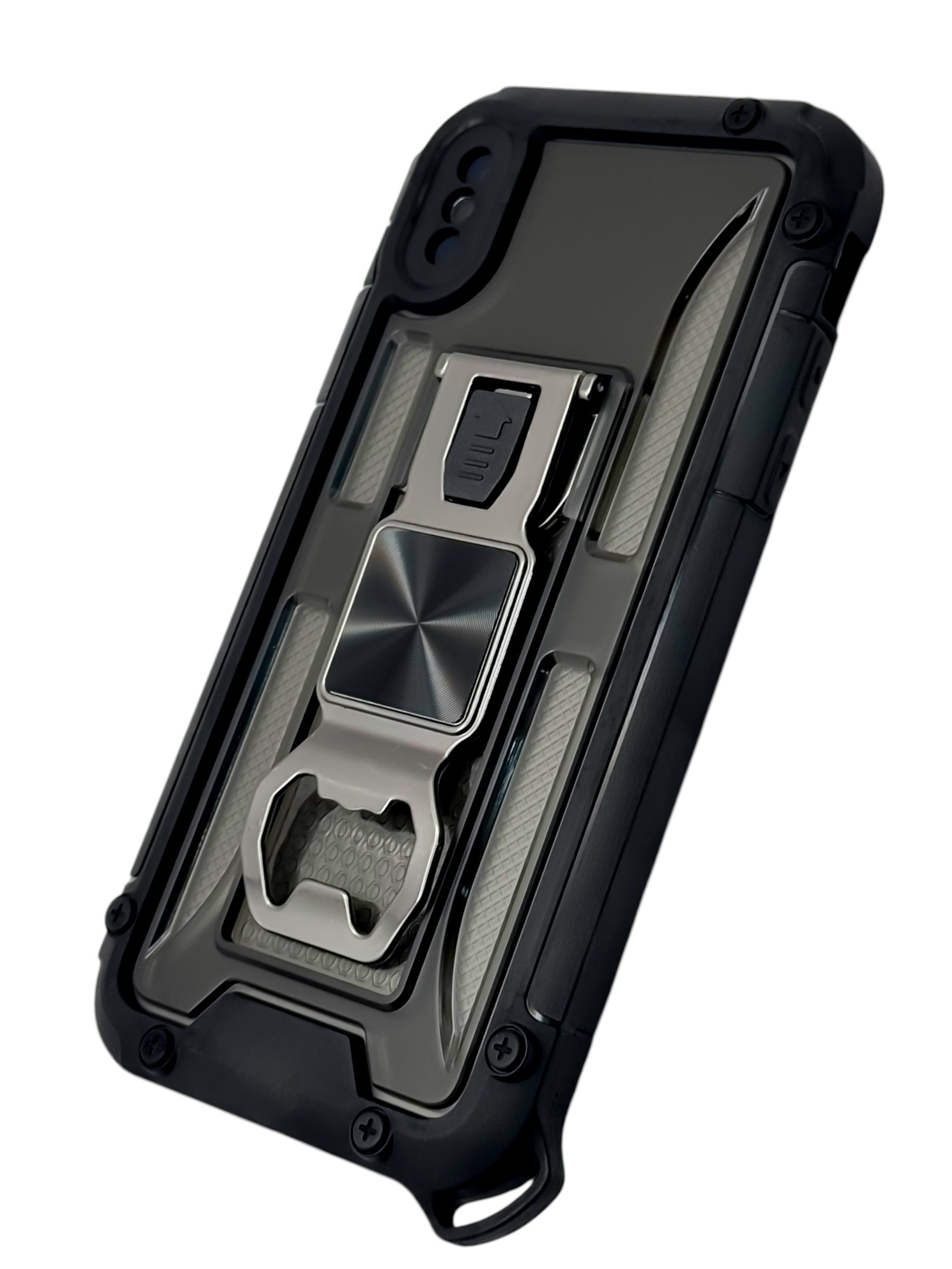 Funda para iPhone X / XS de uso rudo con destapador metálico color Negro