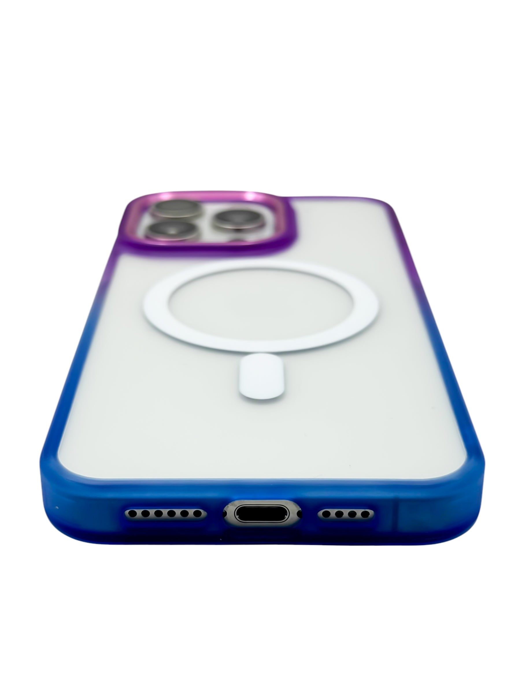Funda Para iPhone 15 Pro normal Rigida transparente bicolor Compatible Con Magsafe Color Morado con Azul
