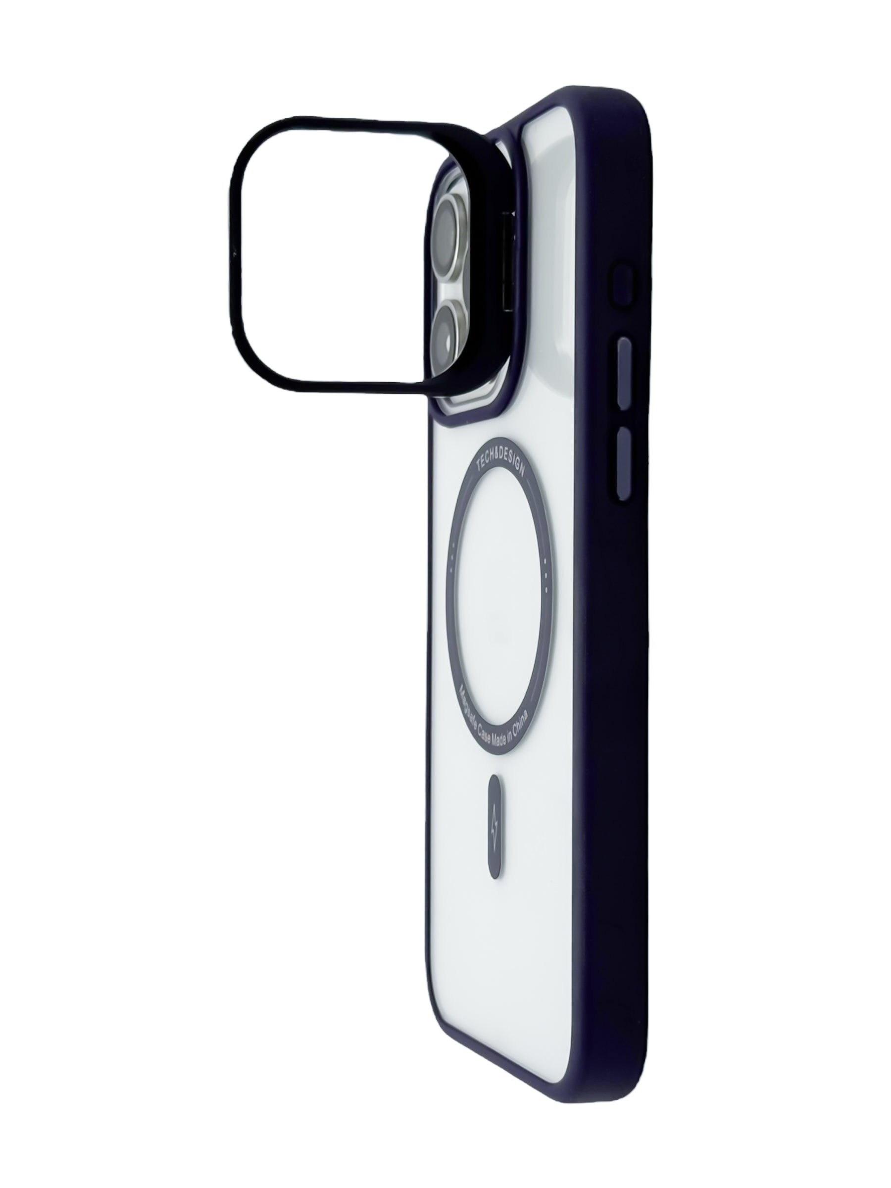 Funda para iPhone 15 pro max transparente con magsafe y base en camara Morado